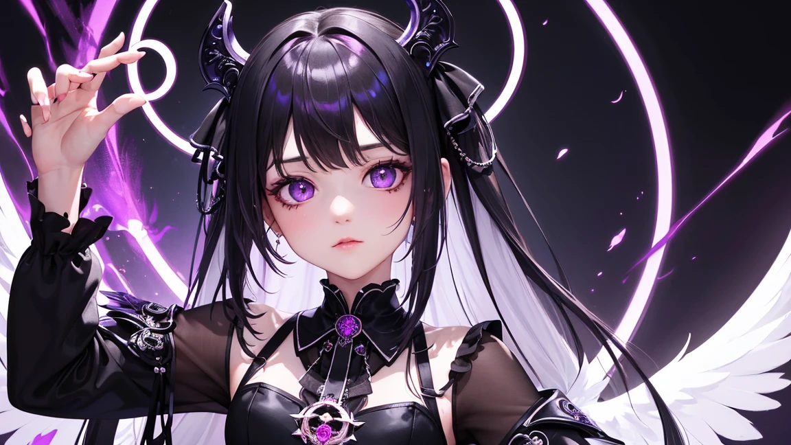 (Top quality), (Super detail), (Hi-res) One cute Tantra brack angel gothic girl, light purple eyes, small nose, white skin, dark Black wings,  black hair, full body Tantra tatto, metallic sexy costume, Magic Circle, psychedelic healing meditation, dark 