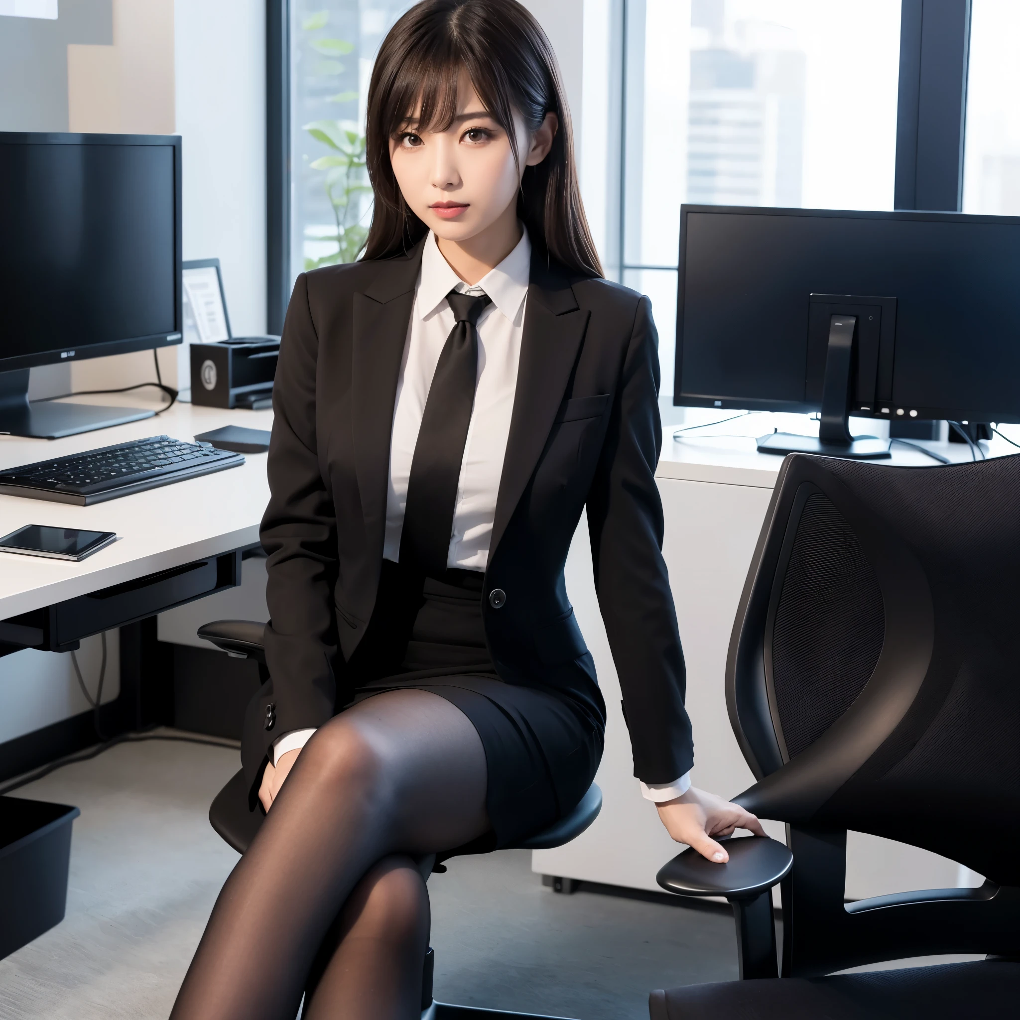 (masterpiece), ((highest quality)), (masterpiece,highest quality,Official Art,Highly detailed CG Unity 8k wallpaper), (The most noble and beautiful), (Mastepiece), (高学歴のwoman),Beauty Photography, woman,alone,(An elegant, upper-class, super elite secretary in a business shirt),Perfect look,double eyelidの目,Delicate makeup, Working in the office,厳格なsuitを着ている, (Wearing pantyhose),Wear high-end heels,Girl in a shirt, suitを着た, Huge ,Esbian all over,suitを着た, suitを着た, merchant, Business attire, 黒いsuitを着て, Please wear a shirt and skirt, suitを着たwoman, suit,Computer chair,please sit down,Erlang'Foot,High heels,Show Viewer,Bright,Intricate details,Feet Focus,((Shooting from below)),Cool Beauty,(Tall Girl),Dark brown hair, Small earrings,Accurately expresses details such as face and skin texture,(The most beautiful face and eyes), double eyelid,Delicate skin,Slim figure,alone,Big Breasts,(最も美しく高貴なSmall earringsを着けて), Silk blouse, Glossy black pantyhose