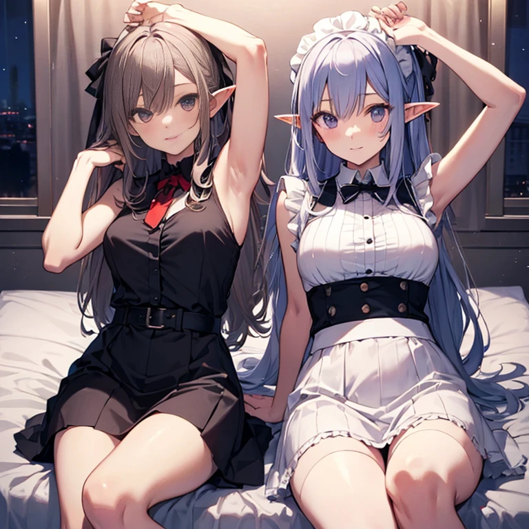 dark skin, twin elves, silver hair, small breasts, red eyes, , blush, white dress, ((yuri)), two staring at each other, earrings, kiss,
