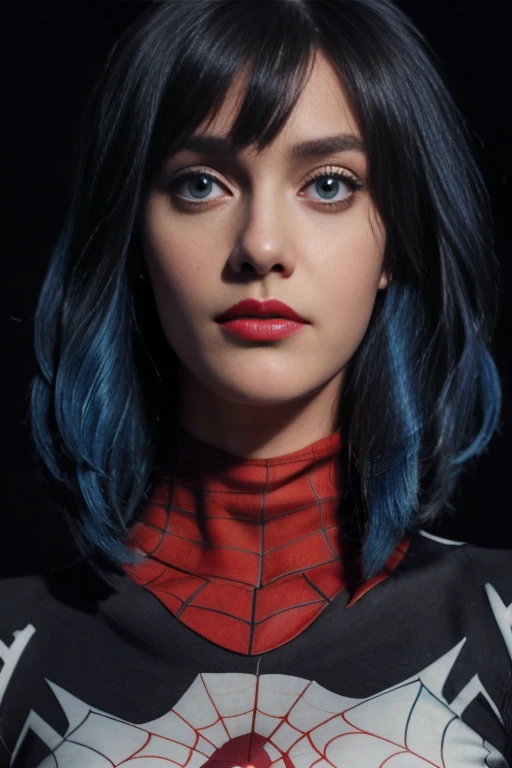 K, Top Quality, Intricate Details, Ultra Detail, Ultra High Resolution, Masterpiece, close up shot, (full body: 1.1), Slender, Smile, (Makeup: 0.4), (Fluffy blue Eyes: 1.21), (()), 1girl, solo, 1 girl, ((blue hair, bangs, long hair)), close up shot, , ((tall)), (((fit body))), (((slim face))), sharp face, (()) (detailed face), sharp face, small lips, , , ((,, )), , ((black spiderman suit)), detailed face, detailed breast, , ((large breast, huge breast)), detail ass, Narrow Waist, Skinny, tall , 190 cm tall, Muscular, Navel, Exposed Abdomen, Pointed Chest,, Beautiful girl with accentuated slender abs: 1.4, Six Pack Abs: 1.4, Bust Botox, Big, Perfect Body, detail leg, (( dark background)), black background,