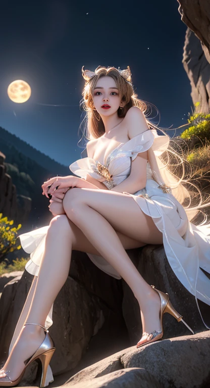 ((Bare shoulders)), ((whole body)), Practical, Fashion Girl, red lips, aldult, cosmetic, big eyes, beautiful eyes, ((whole body)), ((from below)), (best quality, masterpiece:1.2), Super detailed, (Practical:1.37), ((y long legs)), beautiful, Young and energetic, Charming model with, Large Bre (Exquisite eyes, Detailed lips, extremely Exquisite eyes), Show a bright smile, Create stunning girl images, warm color, Extremely high color saturation, Official Art, Extremely detailed CG unified 8k wallpaper,(High Dynamic Range :1.4), (Work),(Soft colors, The color is dull, Soothing tone :1.3), (Natural skin texture, ultra-Practical, Soft Light, sharp),(Very detailed), night, moonlight, ((In the mountains, plant, Leaning against the rocks))