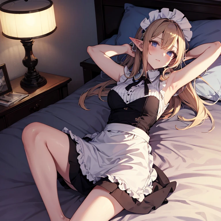 A maids, (in bedroom), various hair styles, night, details face, short skirt, seducing, sleeveless, maid uniform, armpits, elf, lay on bed