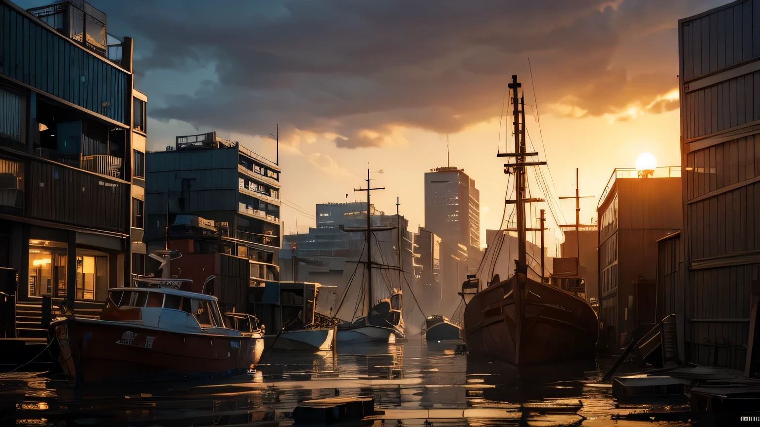 Dramatic lighting, chiaroscuro, post-apocalyptic city, viewed from ground level, flooded Dutch city with harbour, Rotterdam, broken shipping containers, mangled dockyard cranes in the distance, rubble, snow, icy water, sunset