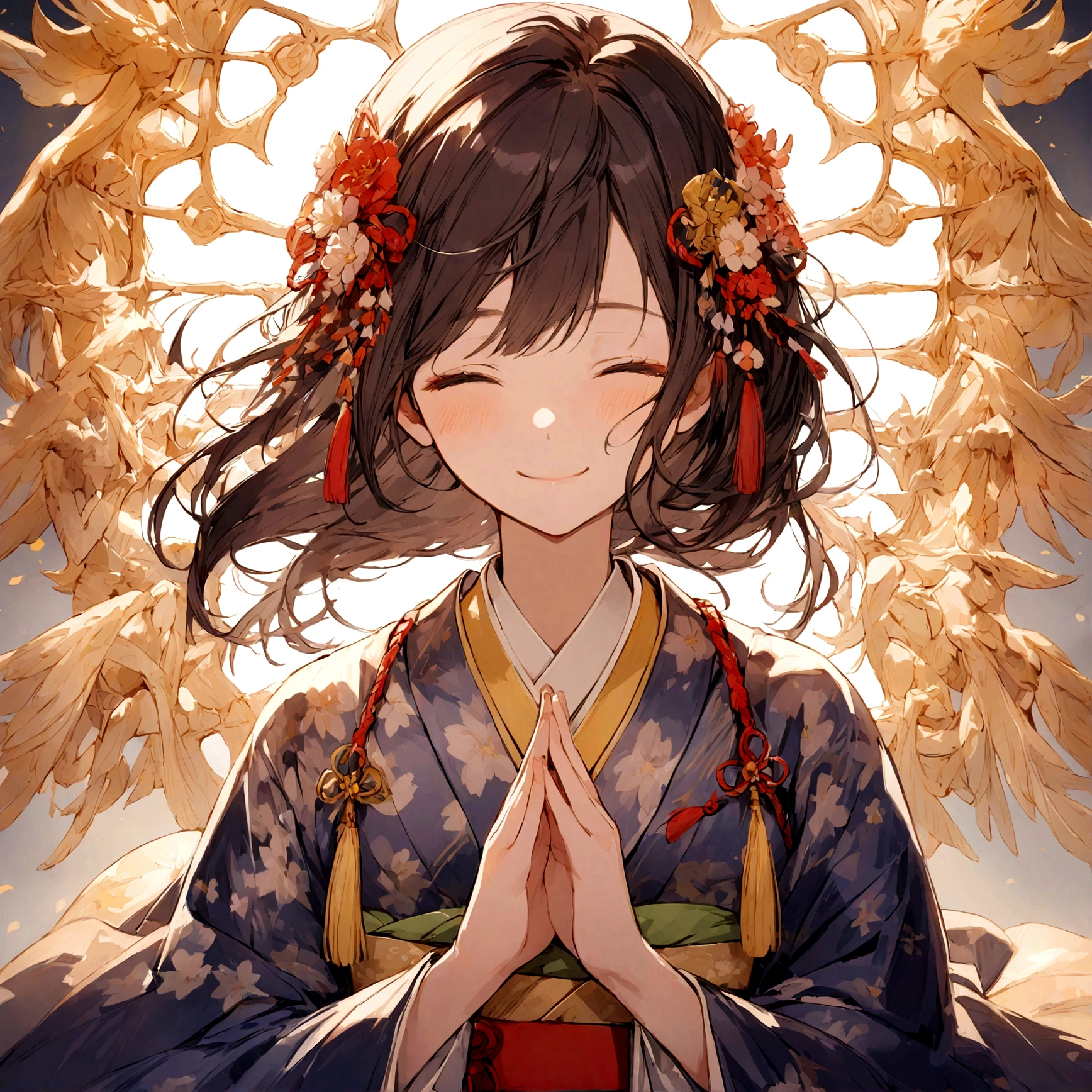 Protected by the guardian spirit,Japanese,kimono,girl,Put your hands together,close your eyes,smile,Light background,