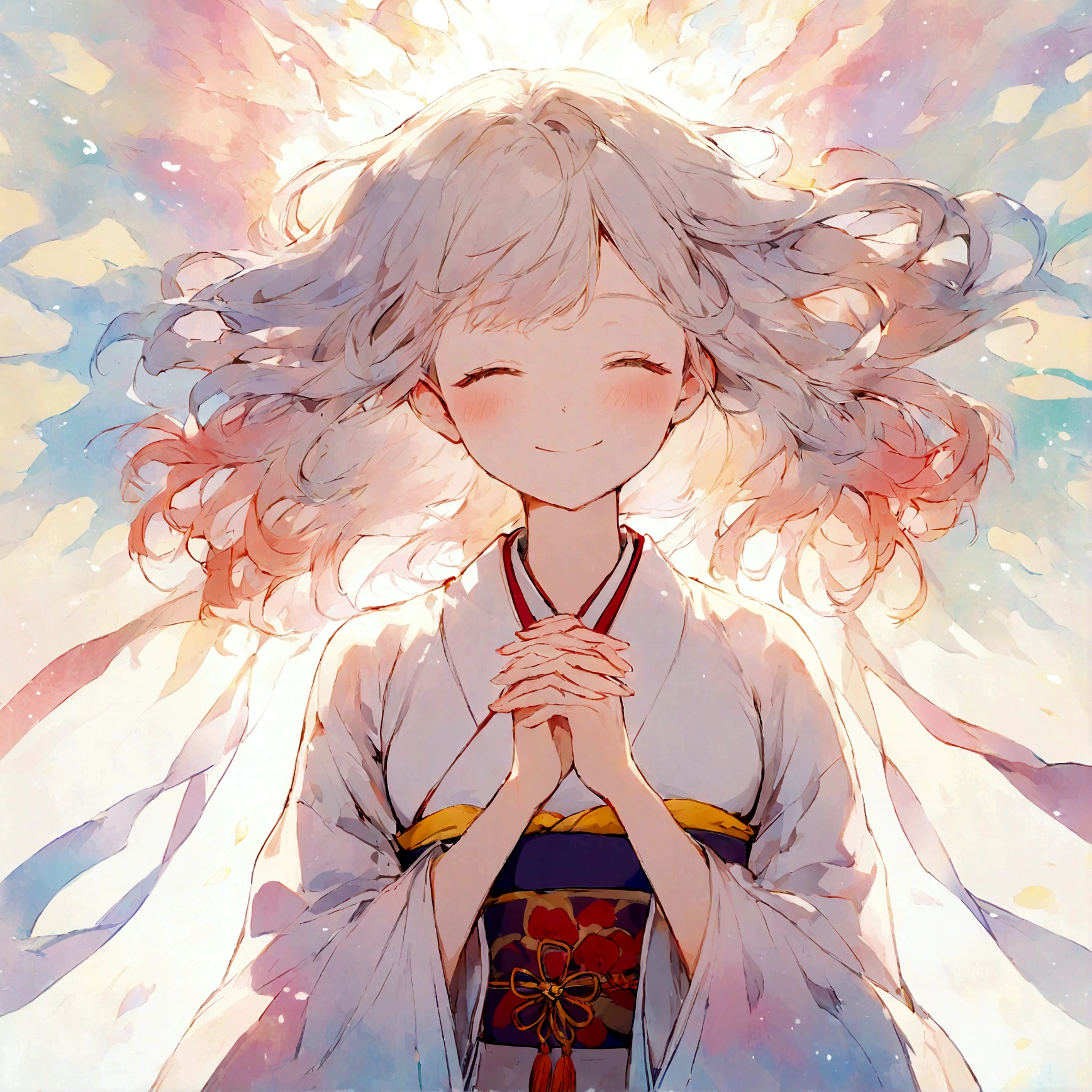 Protected by the guardian spirit,Japanese,kimono,girl,Put your hands together,close your eyes,smile,Light background,