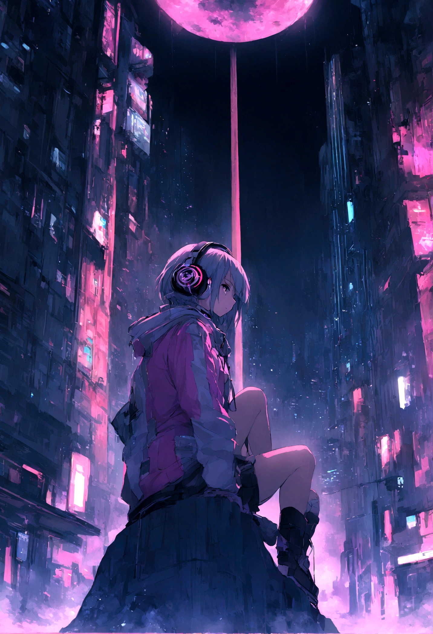 highest quality、masterpiece、night、Headphones、cyber punk、Cyber City、One Girl、Sitting on high ground、Mid Shot、High Position