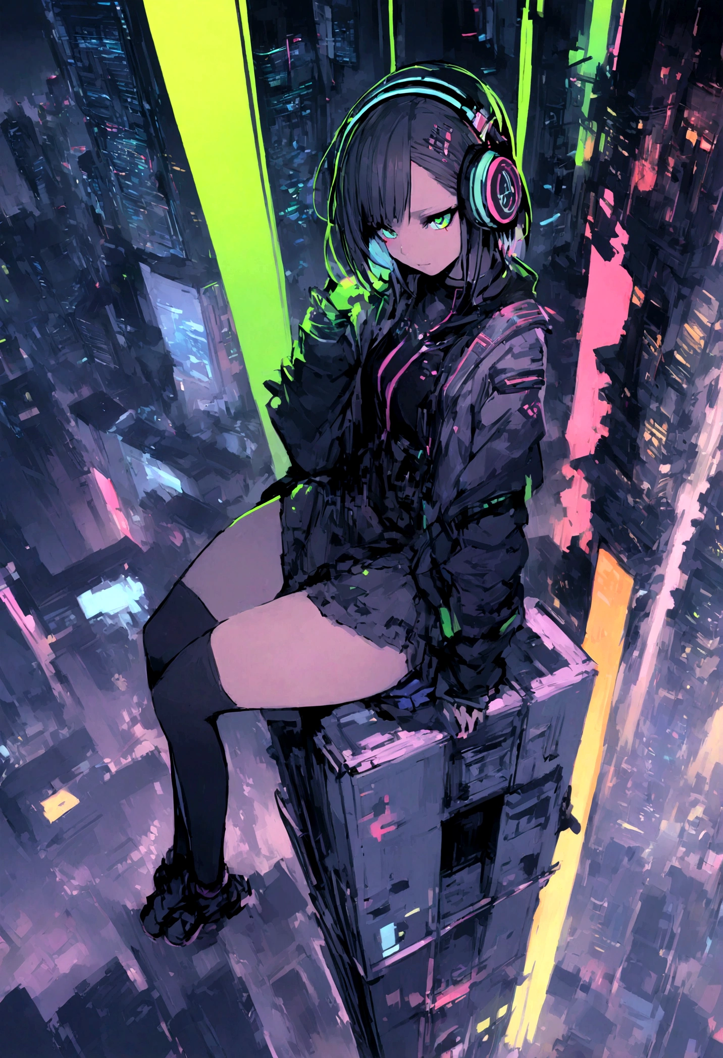 highest quality、masterpiece、night、Headphones、cyber punk、Cyber City、One Girl、Sitting on high ground、Mid Shot、High Position