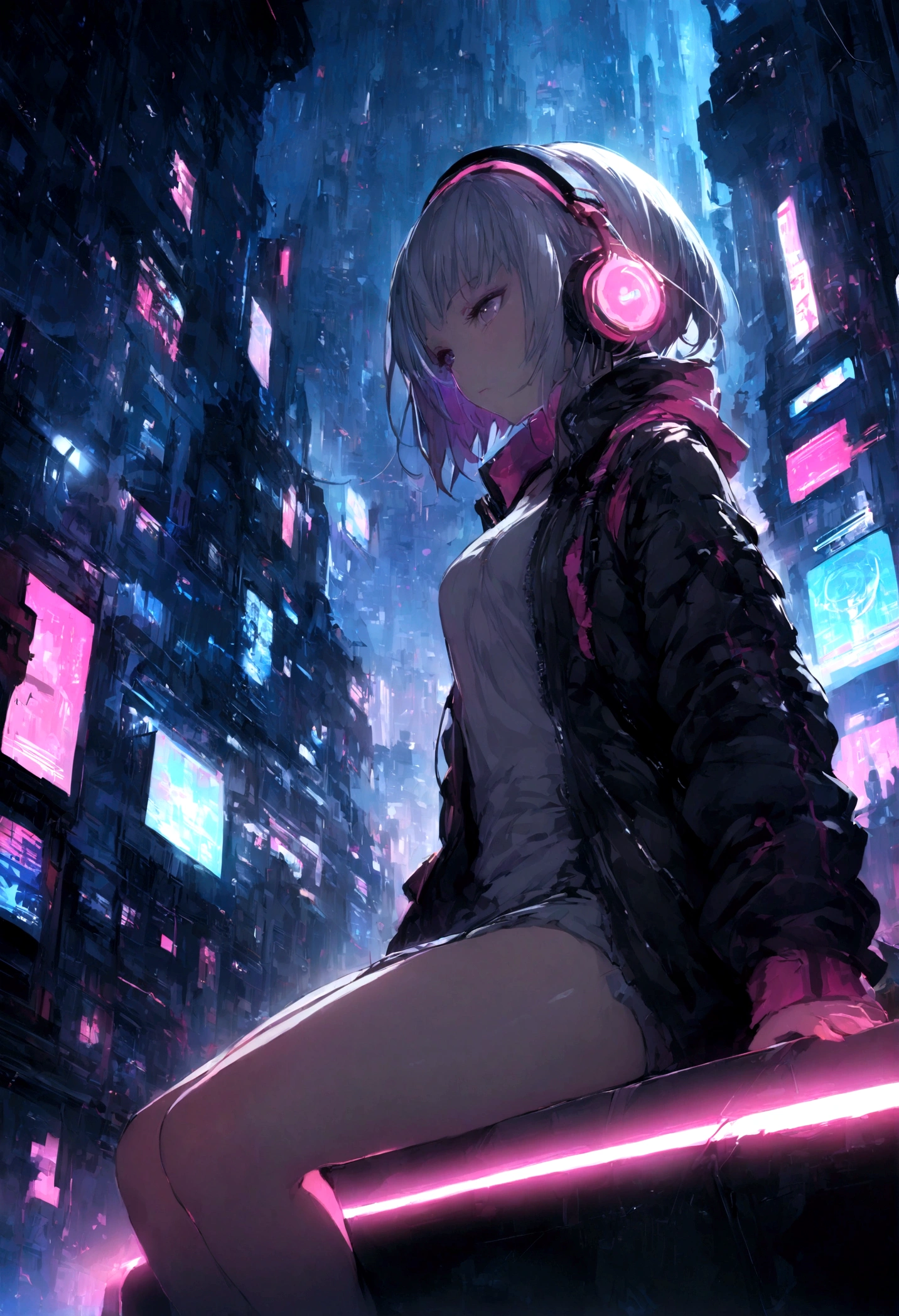 highest quality、masterpiece、night、Headphones、cyber punk、Cyber City、One Girl、Sitting on high ground、Mid Shot、High Position