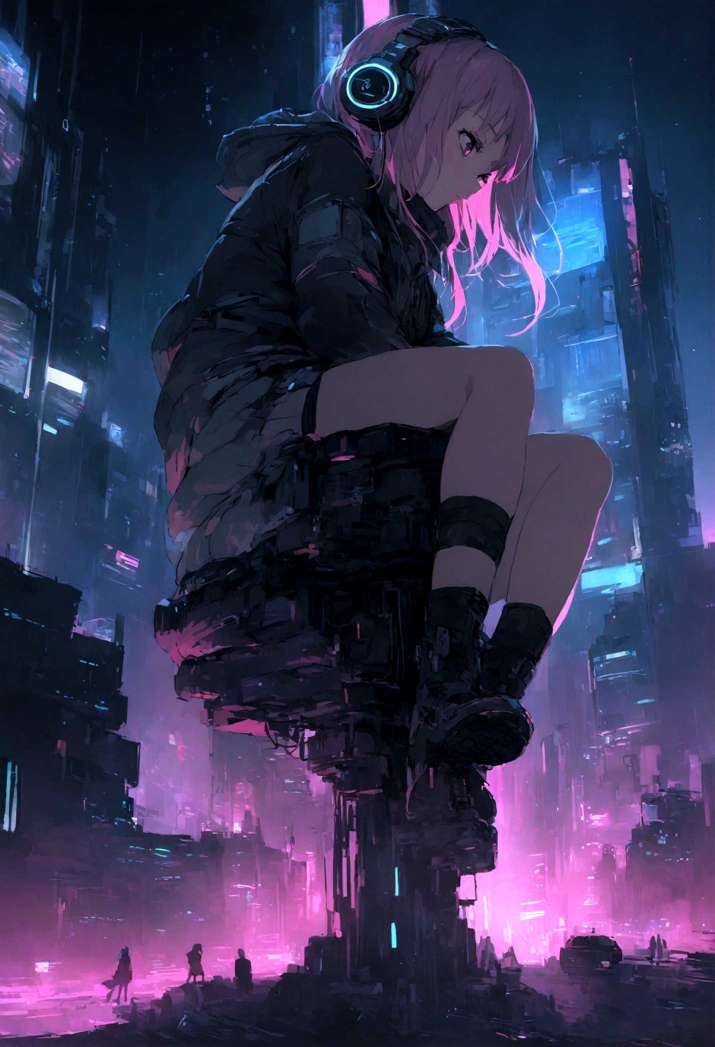 highest quality、masterpiece、night、Headphones、cyber punk、Cyber City、One Girl、Sitting on high ground、Mid Shot、High Position