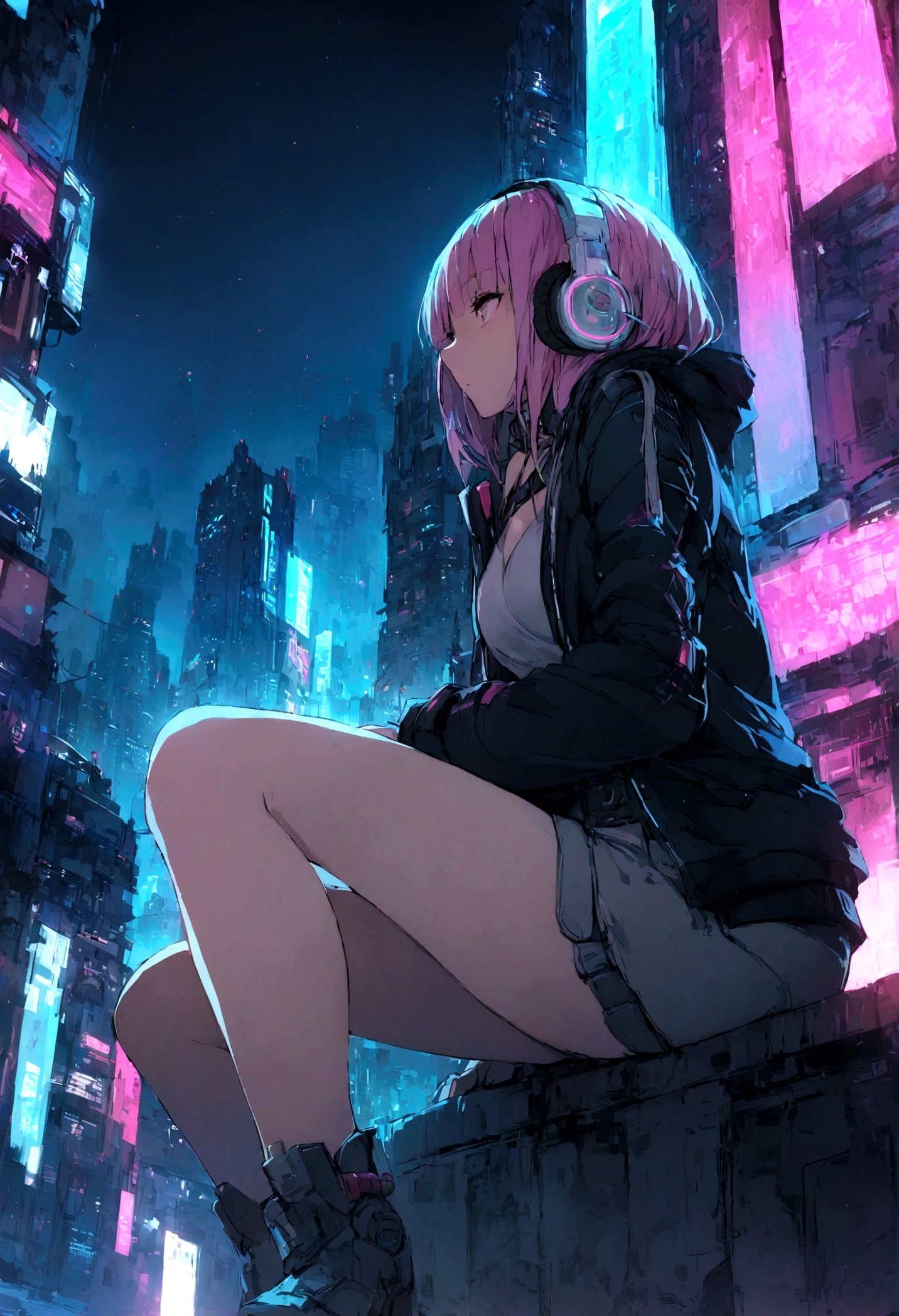highest quality、masterpiece、night、Headphones、cyber punk、Cyber City、One Girl、Sitting on high ground、Mid Shot、High Position