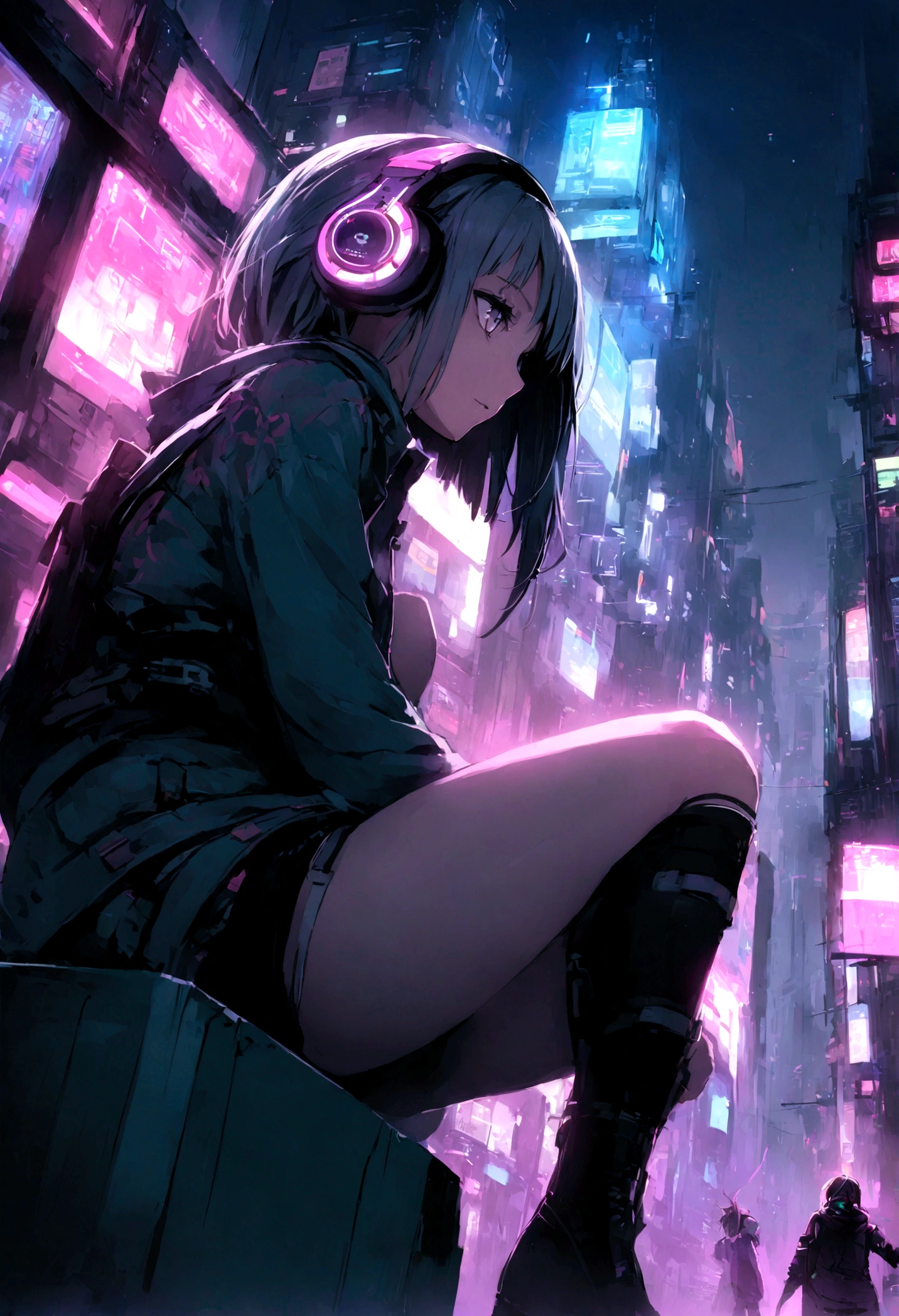highest quality、masterpiece、night、Headphones、cyber punk、Cyber City、One Girl、Sitting on high ground、Mid Shot、High Position