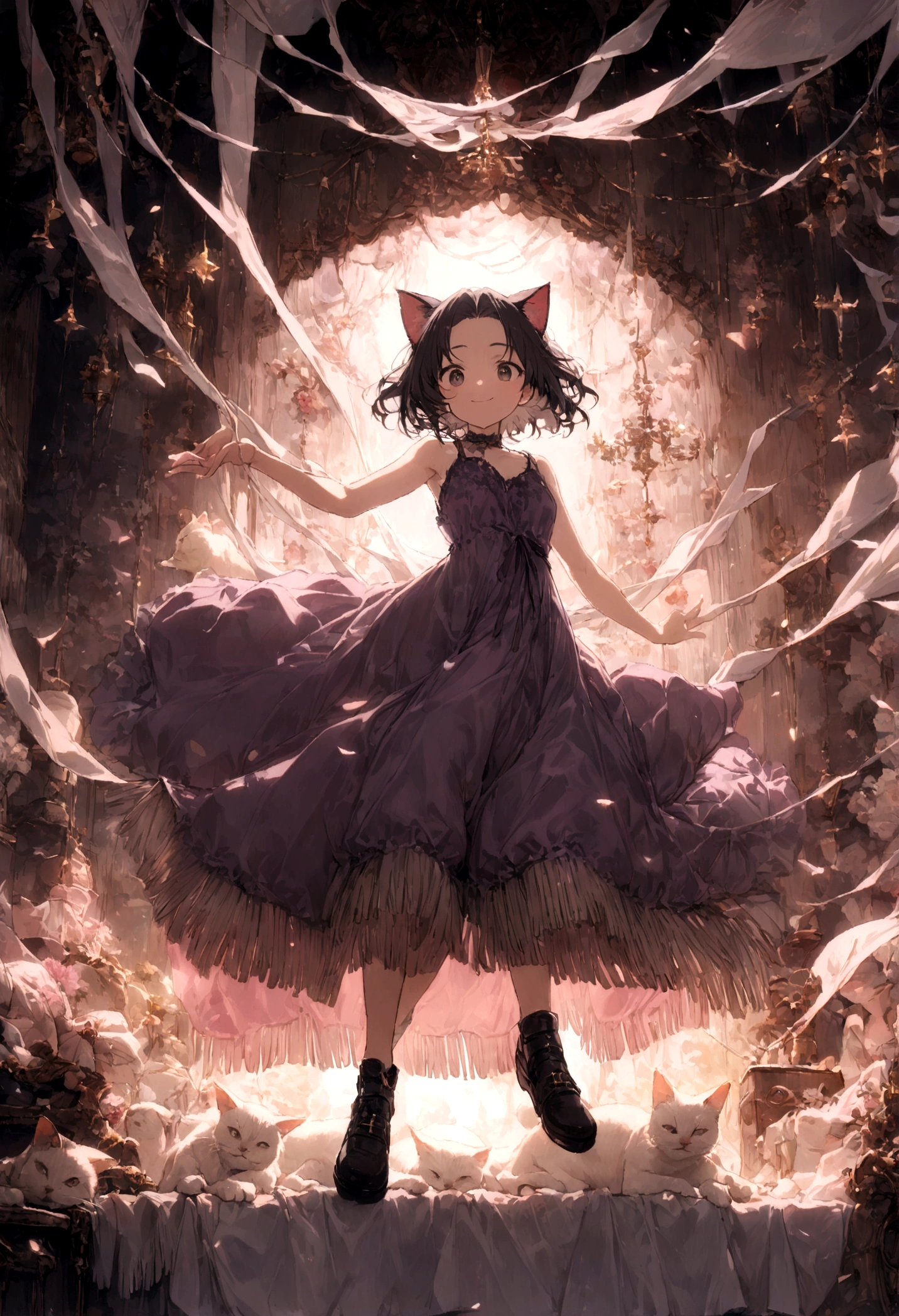 (best quality:1.0), (super fine:1.0), (16k:1.0), (incredibly absurdres:1.0), (extremely detailed:1.0), (delicate and dynamic:1.0),
1girl, otome youkai zakuro, (susukihotaru:1.5), (wavy hair:1.0), (very short hair:1.2), (Dark Gray Hair:1.0), (Fringe:1.5), (Purple Lace Camisole Dress:1.0), (Forehead:1.0), (white Headdress:1.0), (Cat ears:1.0), (smile full of happiness:1.2),
(pink bed room:1.0),