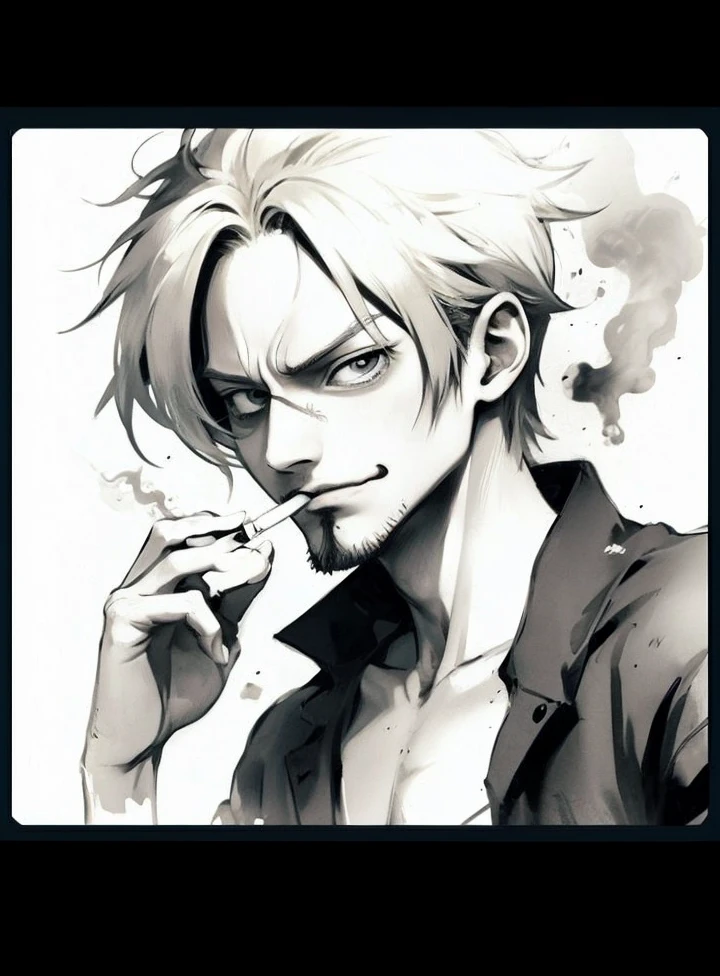 Japanese anime, Characters in One Piece, Vinsmoke Sanji with a cigarette in his mouth, Grisaille painting method