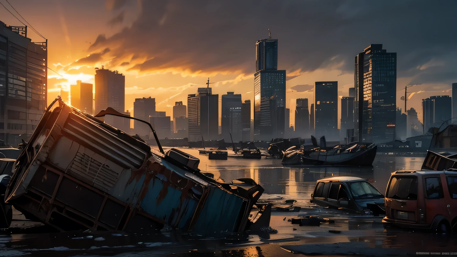 Dramatic lighting, chiaroscuro, post-apocalyptic city, viewed from ground level, flooded Dutch city, Rotterdam, no signs of life, sunken shipping containers, broken vehicles, mangled dockyard cranes in the distance, rubble, snow, frozen water, murky sunset