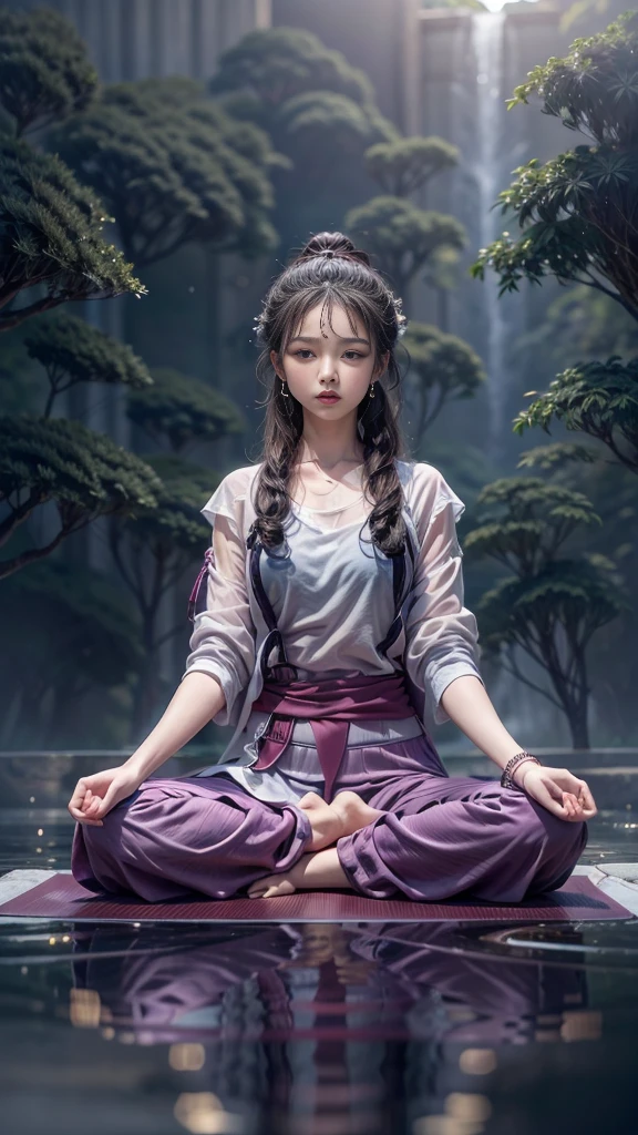 (RAW shooting, 32k:1.5, highest quality, masterpiece, Ultra-high resolution), (Night outdoors, Dramatic moonlight:0.9, Mysterious World:1.2, Expressions of sadness:1.0), Side Shot, Fractal Art:1.3, Perfect dynamic composition:1.3, Very detailedな肌と顔の質感:1.3, Dynamic flow of water waves:1.3, Dynamic air flow:1.3, The subject is observed from a distance, elegant and sophisticated:0.5, Fair skin, Incredibly slim body:0.9, Very beautiful face, Water droplets on the skin, (Yoga Wear:1.3, Zazen pose 1.3, Meditation pose:1.3), Very accurate, Very detailed, Big eyes that exude beauty, Beautiful lips, Unreal atmosphere, Earrings, bracelet