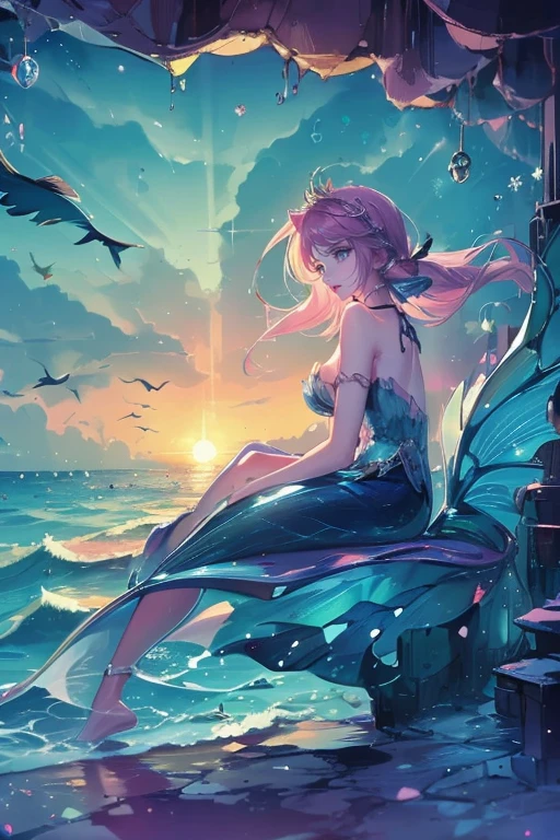 1girl,solo,cute,cleavage,she is mermaid,she has a mermaid fin,in the sea,she is sitting a rock,sunset