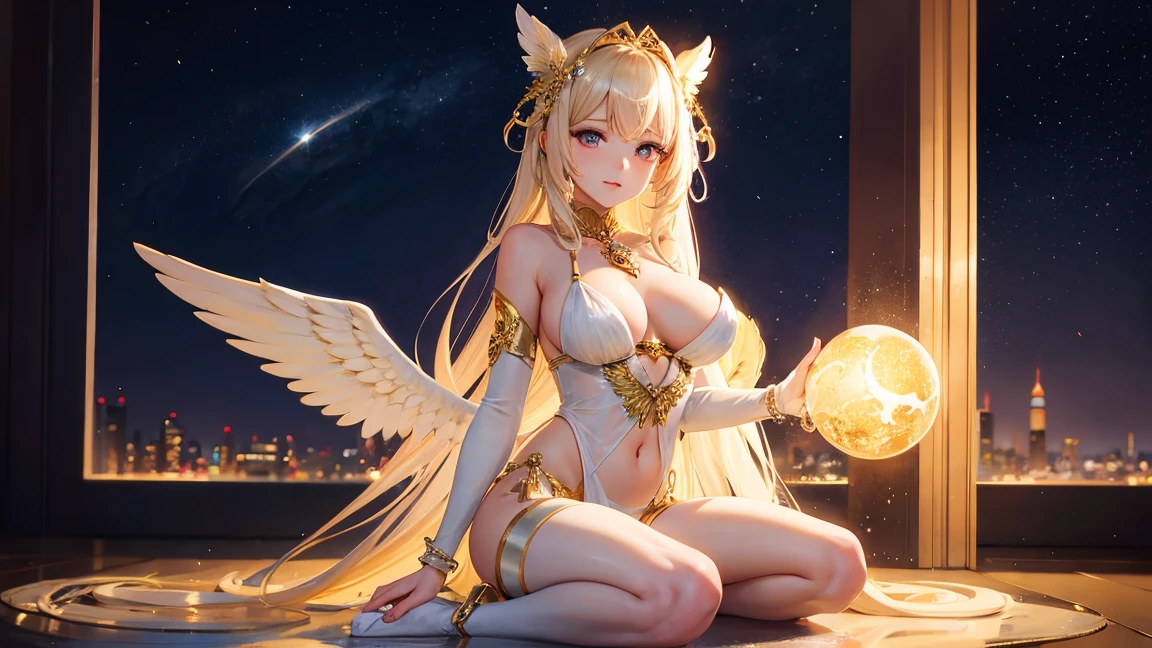 (Top quality), (Super detail), (Hi-res) cute gold angel girl, gold hair, light pink eyes, full body tantra tatto, white metallic sexy Goddess See-through costume, psychedelic healing meditation, Fantasy, beautiful concept art, Swirling Elemental