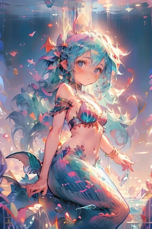 1girl,solo,cute,rainbow hair,cleavage,she is mermaid,she has a mermaid fin,in the sea