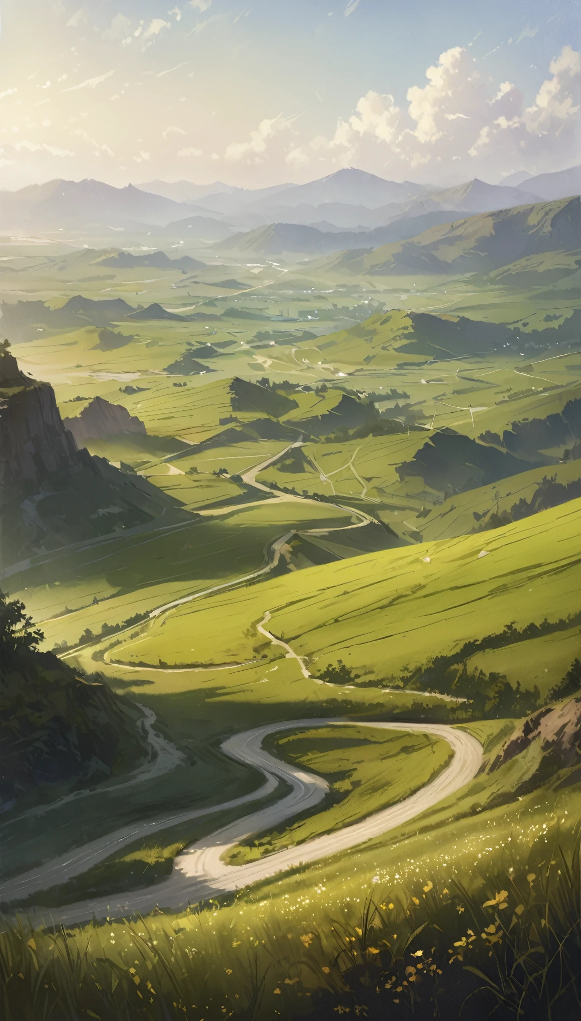 Road to the Sky、A straight road that goes up and down again and again into the sky、Hilly Meadows、(((Landscape painting)))、{{masterpiece、highest quality、(((Realistic、Realistic:1.37)))、8K quality}}、wide々and a sight、refreshing、Windblown grassland、