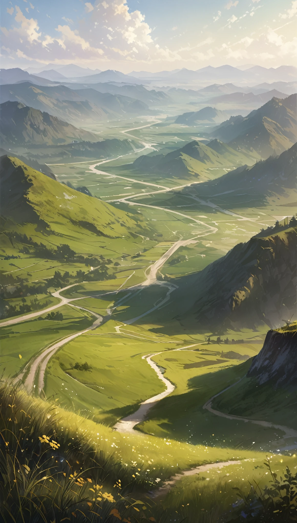 Road to the Sky、A straight road that goes up and down again and again into the sky、Hilly Meadows、(((Landscape painting)))、{{masterpiece、highest quality、(((Realistic、Realistic:1.37)))、8K quality}}、wide々and a sight、refreshing、Windblown grassland、