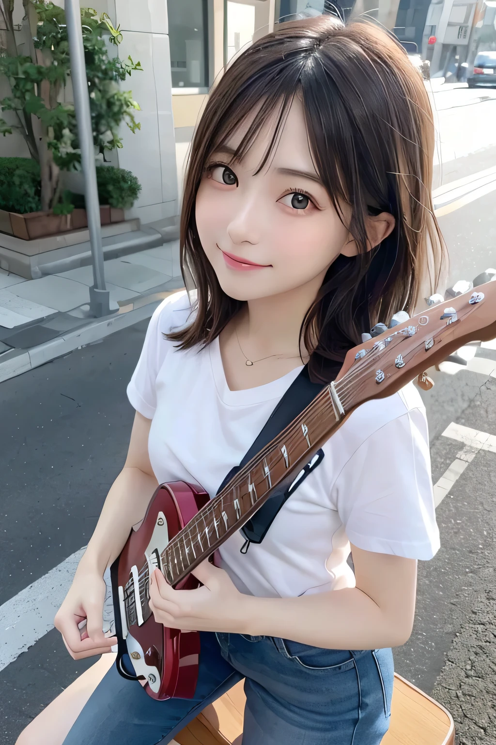 Fine details, High resolution, high quality、Perfect dynamic composition, Beautiful detailed eyes, Medium Hair, Small breasts、Natural color lip,Looking up、Shibuya-kei、20 year old girl、1 person、Clear skin、Shiny Hair、A sloppy smile、Mastepiece, Best Quality, Illustration, Super detailed, Fine details, High resolution, 8K、The correct state of the human body、squat、Gravure model pose,Hair flying in the wind、((I have an electric guitar))、(White shirt)