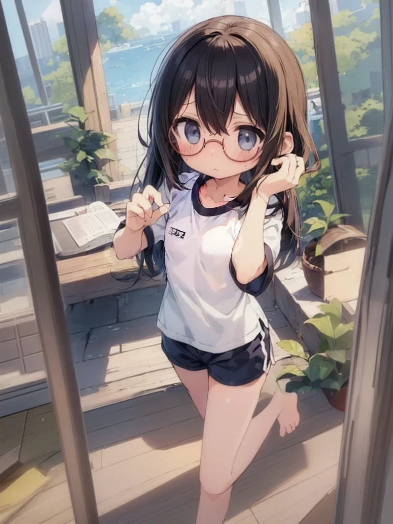 One Girl、Beautiful background、Gym suit、(Beautiful legs、barefoot、Wooden floor:1.3)、Athletic shoes、