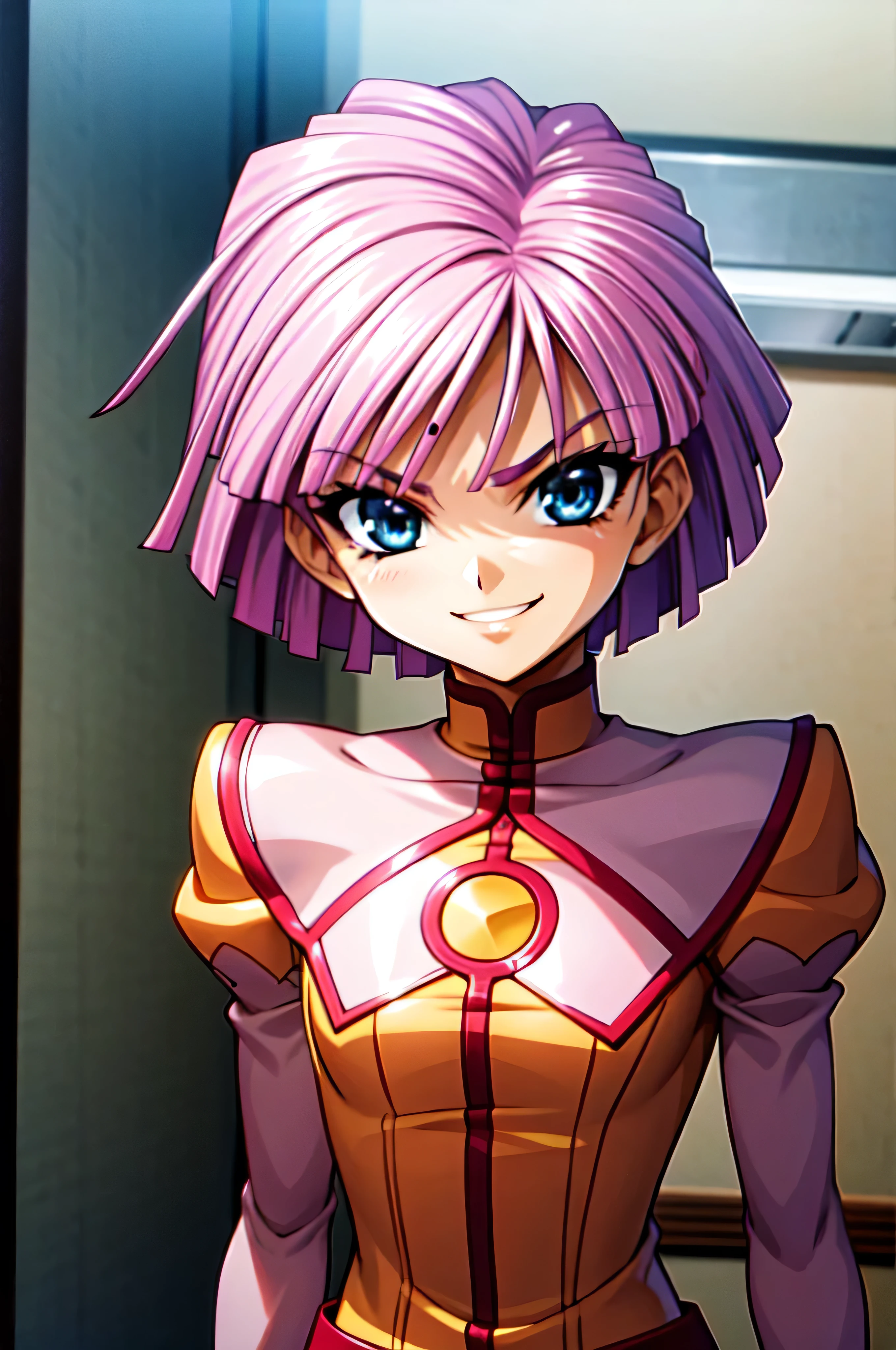 (best_quality 4K, 8K, High resolution, Masterpiece: 1.2), ultra detailed),from_below,(anime_screencap),(1girl,solo),dynamic_angle,very evil_smile worst,worst evil laugh at,tis,shadeded_face,worst sadistic,smile worst,,bob short hair,,upper body,looking at viewer,two hands,