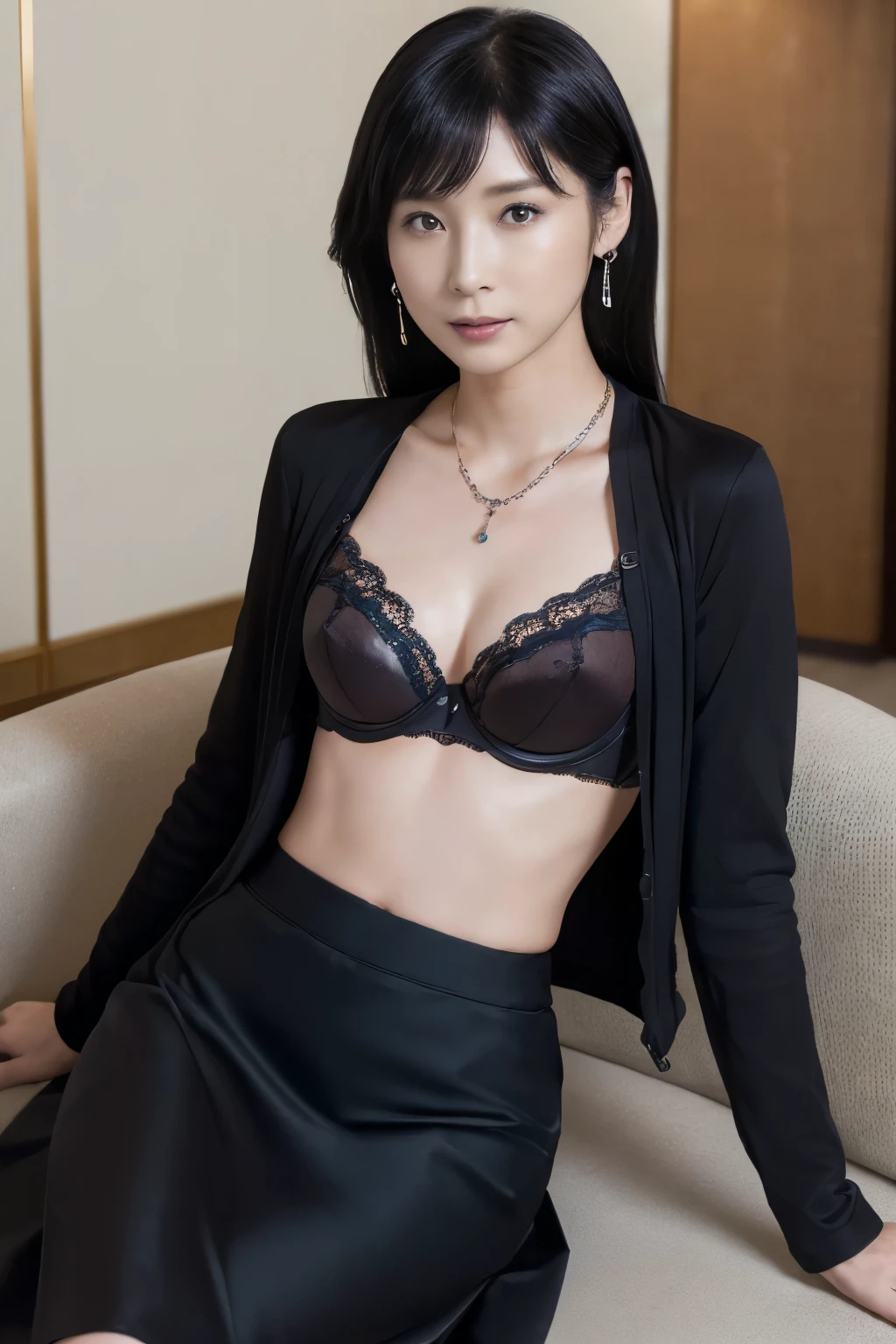 (seating:1.4),(30yo worman:1.4) ,(make up:1.5),Necklaces, rings, earrings, watches, jewellery,suit,2 lady,realistic,(ultra quality:1.2),high quality,masterpiece,(ultra detailed:1.4),japanese girl,beautiful face,(real dark color bra:1.5),(skirt:1.2),((hotel)),(small breast:1.4),slender,highres,jacket,buttocks