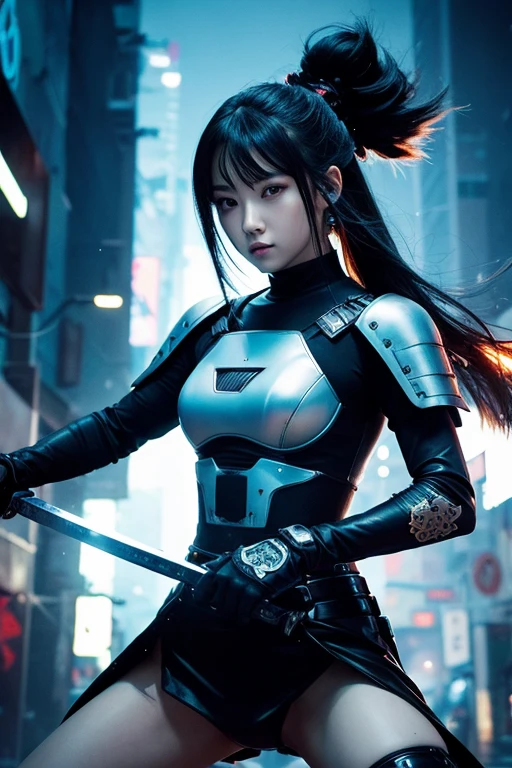 Digital Cyberpunk Art 32k,Complex,Very detailed,Long black hair、Shiny、Wear cyberpunk white and light blue samurai armor、Japanese women、Medium chest、In front of countless monitors、Holding a sword、(fighting stance)