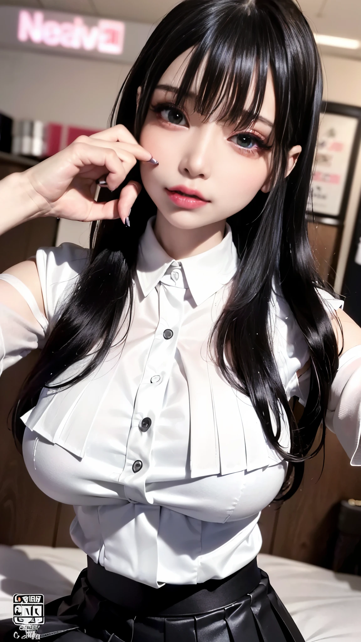 ((JAV Cover:1.8, Big Titles, Countless insults、 POP title text:1.8)),(SFW:1.8, highest quality、highest quality、masterpiece、Ultra-high resolution, 8k, RAW Photos, Realistic: 1.4), (Safe and secure、Everyone、safety sensor、Absolutely safe, safety), Indirect lighting to suit your space、From feet to head、One Girl, the body is slim、Oval Face, pore, (Multi-color contact lenses、Lip gloss, Long eyelashes), (Mega size super big breasts:1.5), ) (Detailed pupil, Perfect Eyes:1.2), (Reflect light、Shiny clothes that show wrinkles:1.2), (Many ear piercings), necklace, latex, Attractive perfect female proportions, Fine surface texture, high school girl 、Captivating woman、pixie short hair、break 、Jet black straight hair、(A high consisting of a white shirt and a black pleated skirt:1.8)、relax、break、(Shiny fluorescent pink gloss lip、gyaru makeup:1.3), Flashy underwear visible through the cleavage of her large breasts、(Sexy bed in a neon-lit Japanese love hotel:1.8)、(Squint your eyes:1.3,Please open your mouth wide:1.2、Ecstatic face:1.2、Blowjob Gestures:1.8), Take a look at the screen、(Move it a little further away from the camera、From head to toe、There are bills and beer cans scattered around the room and on the bed.:1.8)、Sit with your legs apart、Macho 2 bays behind, Half-naked men put their hands on shoulders、Dark-skinned muscular man、Vulgar laughter、couple、Hetero、Commemorative photo