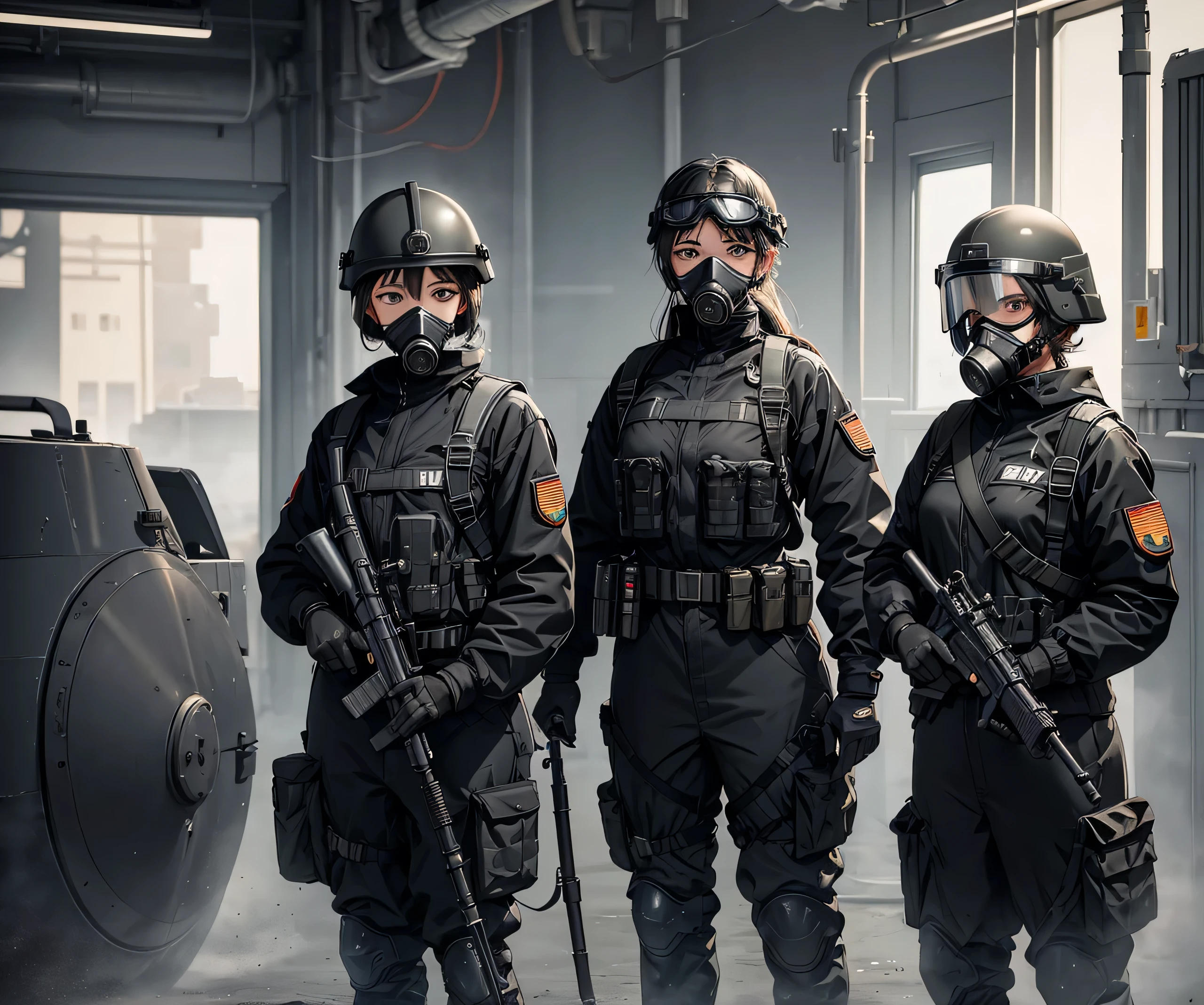 Three female soldiers wearing black helmets standing guard、Same height、Wearing a gas mask、Wear goggles、Wearing black M-51 military uniform、Write details、masterpiece、best quality、Highly detailed CG、8K picture quality