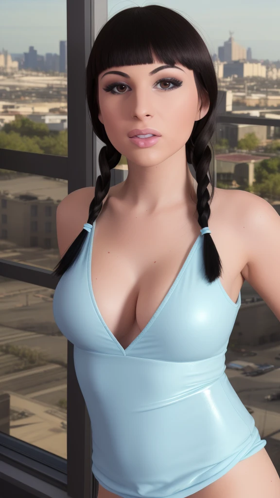 (day: 1.7), a city with many buildings and a sky background with clouds in the background and a blue sky:1.1, architecture,
Standing at attention, on the roof,
deep neckline, collarbone, white apron, bare shoulders,
Black hair, brown eyes, bangs, simple braid,
1 girl, 20 years old, Young woman, Beautiful finger, Beautiful long legs, Beautiful body, Beautiful nose, Beautiful character design, perfect eyes, perfect face, expressive eyes,
looking at the viewer, in the center of the image, (Upper_body), (close-up), (Focus on her face),
official art, extremely detailed CG unity 8k wallpaper, perfect lighting, colorful, bright front lighting, shiny skin,
(masterpiece: 1.0), (best_quality: 1.0), ultra-high resolution, 4K, ultra-detailed,
photography, 8K, HDR, high resolution, absurd:1.2, Kodak portra 400, film grain, blurred background, bokeh:1.2, lens flare, (vibrant_color:1.2)
(Beautiful, big_breasts:1.4), (beautiful_face:1.5), (narrow_waist),1transgirl