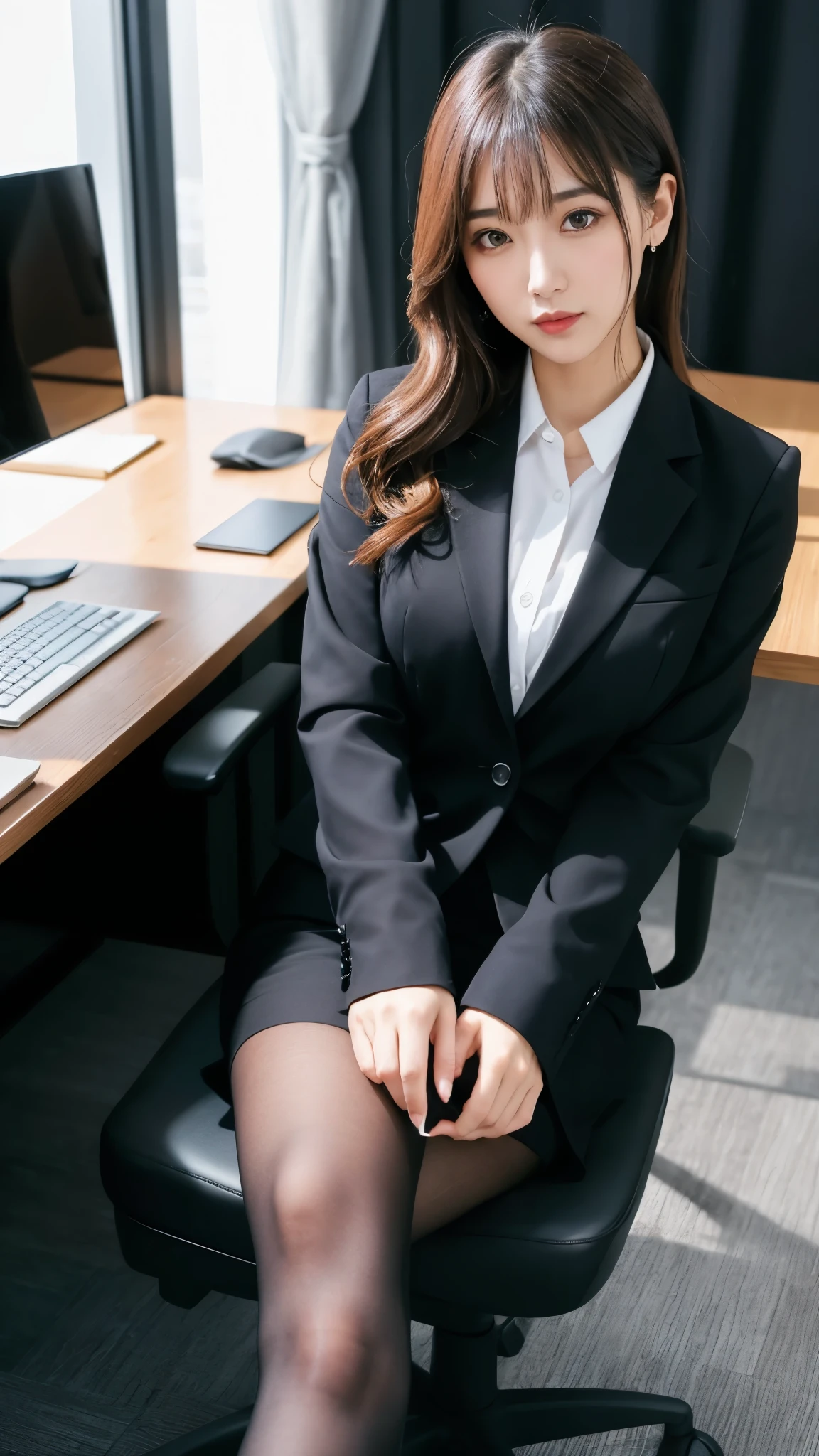 (masterpiece), ((highest quality)), (masterpiece,highest quality,Official Art,Highly detailed CG Unity 8k wallpaper), (The most noble and beautiful), (Mastepiece), (高学歴のwoman),Beauty Photography, woman，alone,(An elegant, upper-class, super elite secretary in a business shirt),Perfect look，double eyelidの目，Delicate makeup， Working in the office,厳格なsuitを着ている, (Wearing pantyhose),Wear high-end heels,Girl in a shirt, suitを着た, Huge boobs,Esbian all over,suitを着た, suitを着た, merchant, Business attire, 黒いsuitを着て, Please wear a shirt and skirt, suitを着たwoman, suit，Computer chair，please sit down，Erlang&#39;Foot，High heels，Show Viewer，Bright，Intricate details，Feet Focus,((Shooting from below)),Cool Beauty,(Tall Girl),Dark brown hair, Small earrings,Accurately expresses details such as face and skin texture,(The most beautiful face and eyes), double eyelid,Delicate skin,Slim figure,alone,Big Breasts,(最も美しく高貴なSmall earringsを着けて), Silk blouse, Glossy black pantyhose