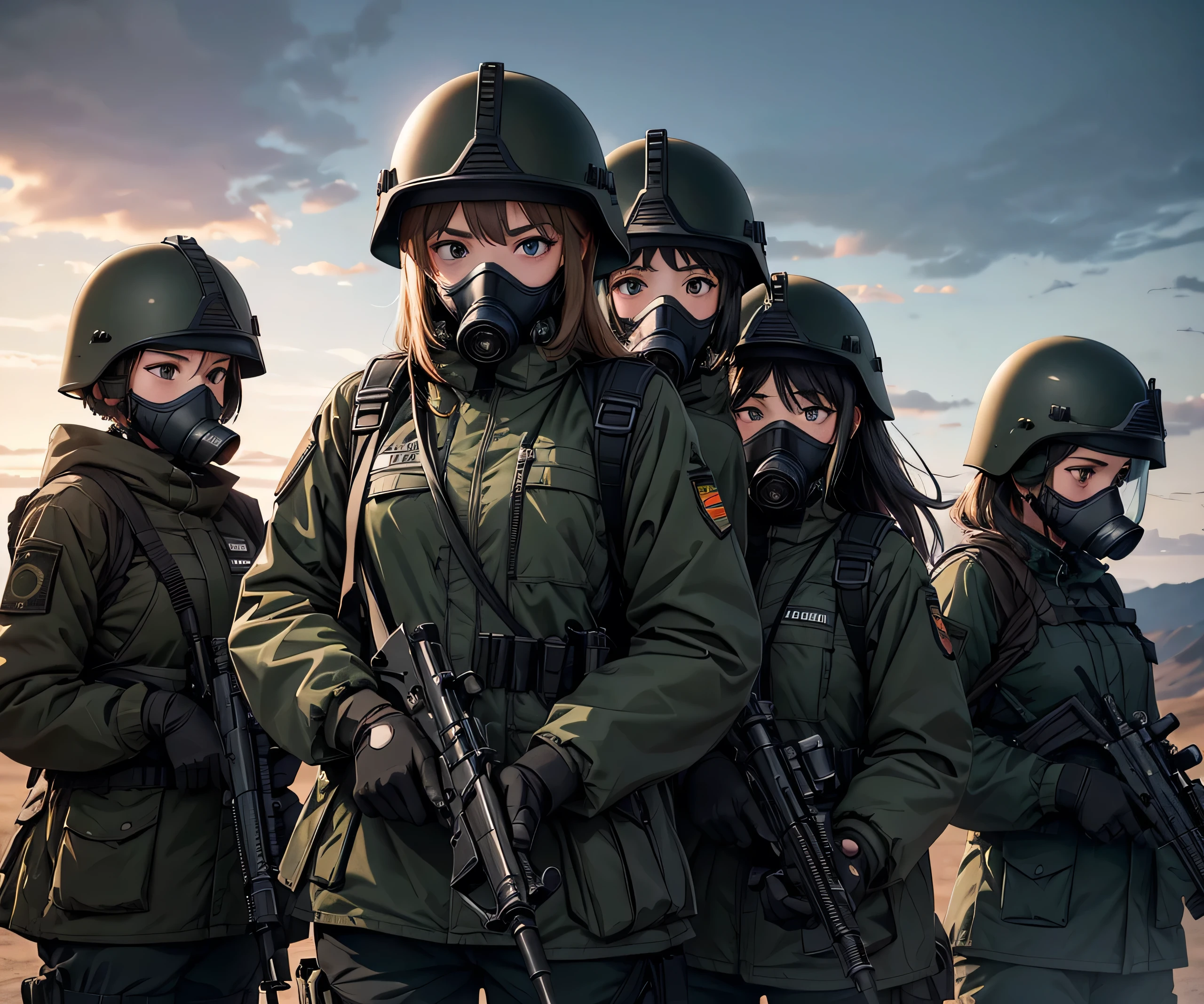 Four female soldiers wearing black helmets、stand together、Wearing a gas mask、Wear goggles、Wearing black M-51 military uniform、Wide ground、Write details、masterpiece、best quality、Highly detailed CG、8K picture quality