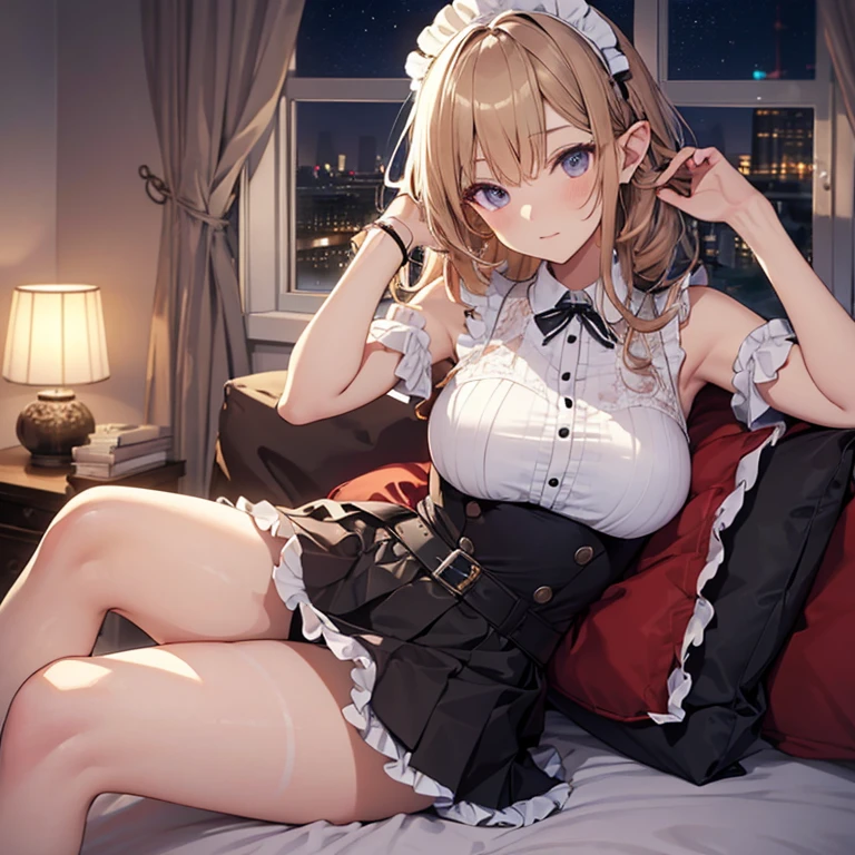 A maids, (in bedroom), various hair styles, night, details face, short skirt, seducing, sleeveless, maid uniform, armpits, elf, lay on bed