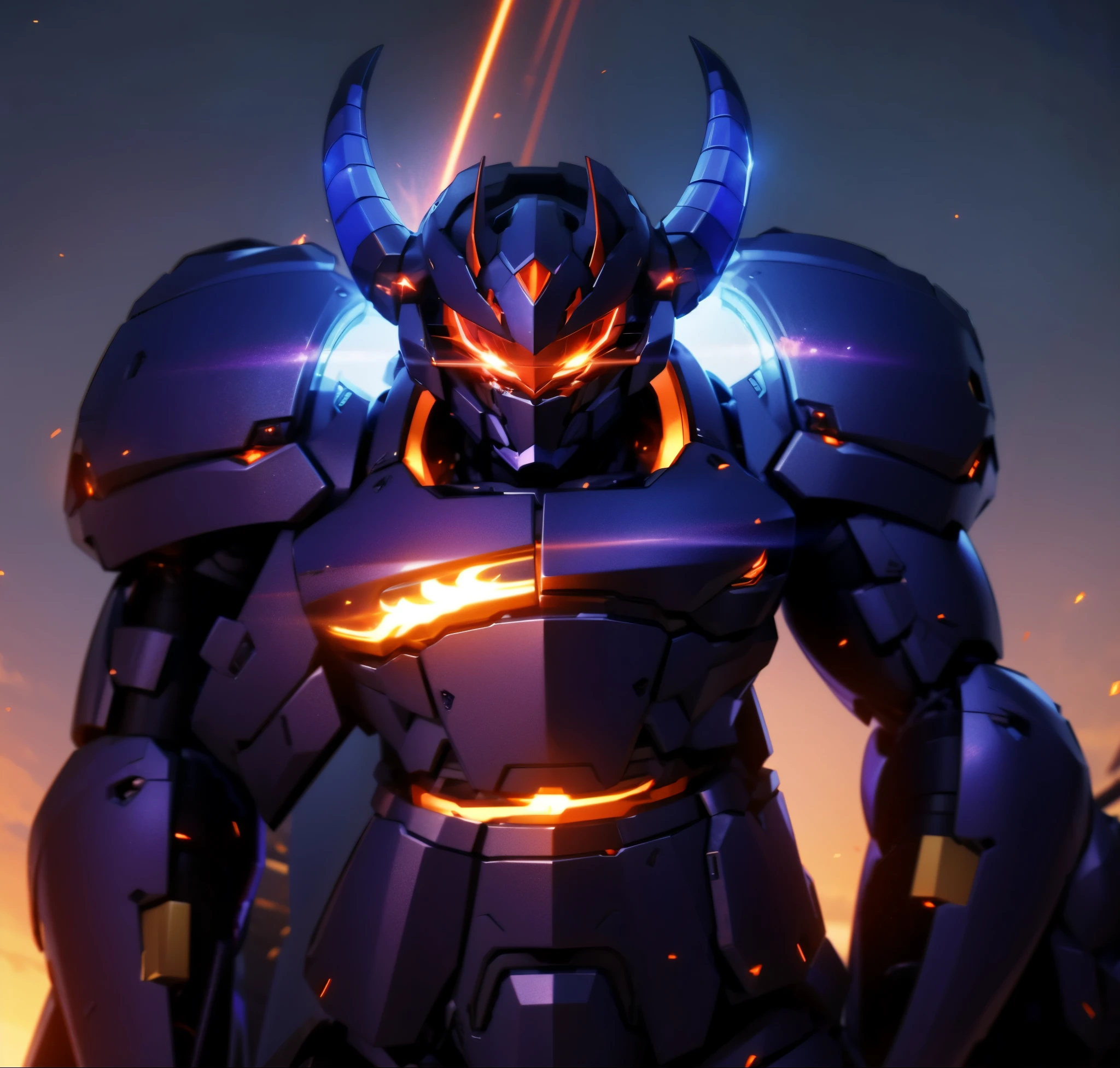 Robot, red mono eyes, blue and purple gradient body, high quality, golden horns on head, heavily armored,Robot, red glowing mono eyes, purple field body, high quality, silver horns on head, heavily armored, blue black shoulders, arm armor in austere shade,
