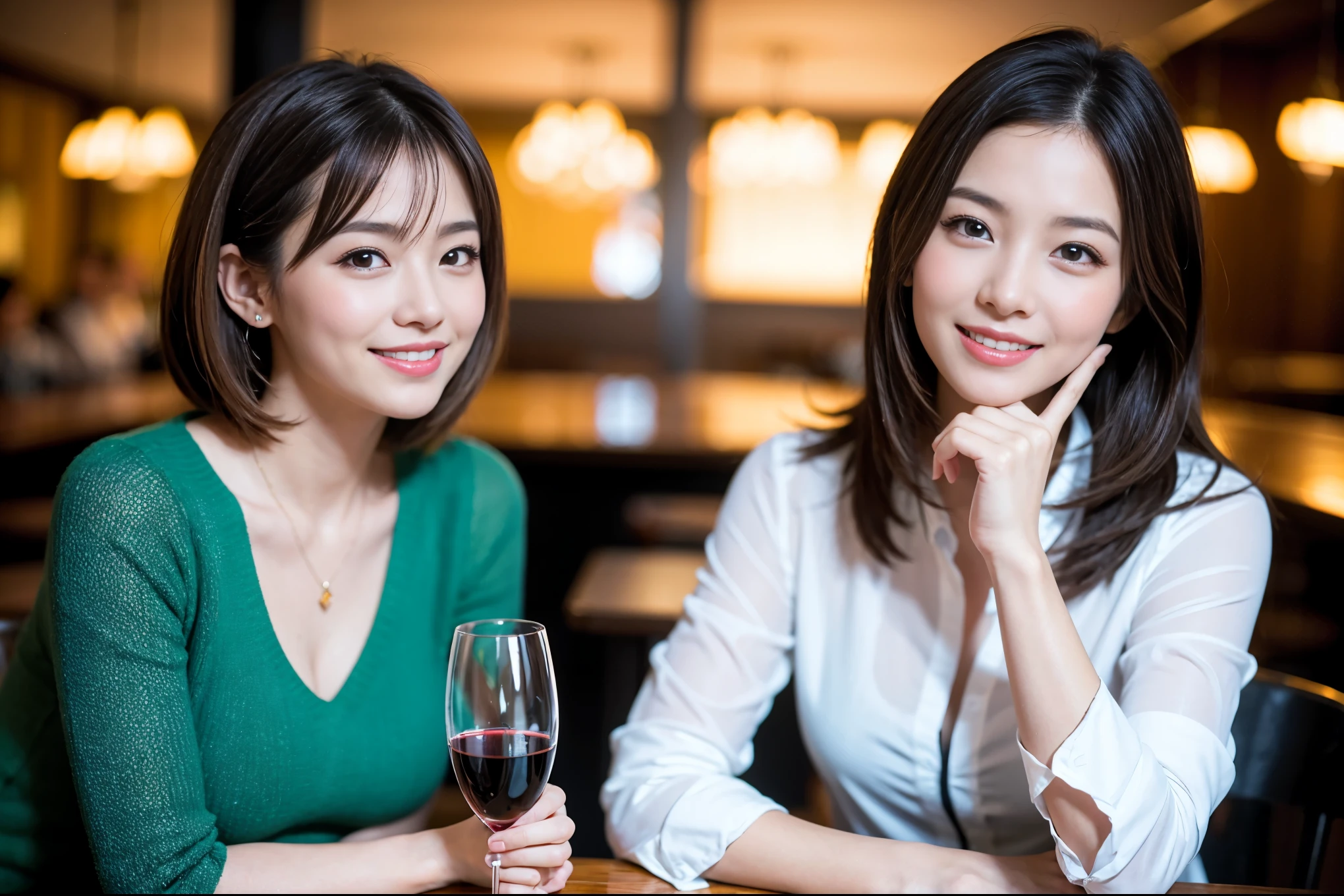 ((highest quality、8k、masterpiece:1.3))、1 male 1 female、石原さとみ似美女Couple、Lovers、Couple、The body is slim、full-course dinner、テーブルの上のwine glass、Shine light on your face、 Amazing view of the sunset sky and clouds、A bright smile、The wonderfulness of smile、Bright image、 short hair,Bright Face、 (Age 37), "41 years old, red wine 、Appetizers、Italian food、Wine bottle、Champagne、sparkling wine、Two beauties、Brown Hair、Shortcuts、Long sleeve shirt、dress、Pretty Woman 1, (slimな顔), (The body is slim), (Brown Hair), (Shortcuts), cheeks turn a little red,Attractive beauty、restaurant, In a prominent place (From the waist up) Nova Frog Style, actress, model, Upper Body, White wine, slim, wine glass, 中央に置かれたwine glass, smile, (smile: 1.15), Beautiful fine grain, Depth f/2,saturation, High Contrast, Strong light and shadow,Moist Body:1.5、3D texture、Delicate eyes、Brown Hair、The hair is very shiny、