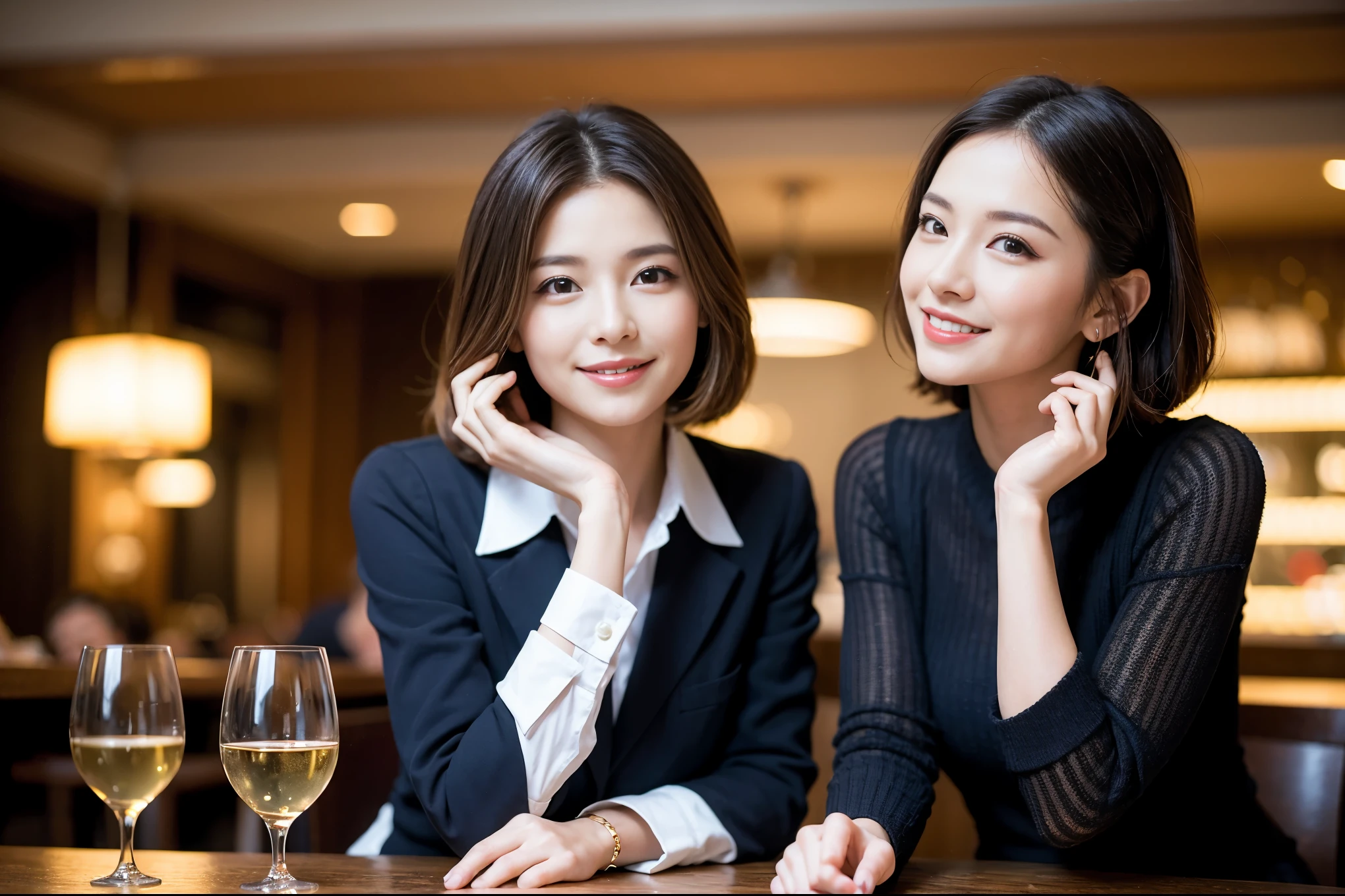 ((highest quality、8k、masterpiece:1.3))、1 male 1 female、石原さとみ似美女Couple、Lovers、Couple、The body is slim、full-course dinner、テーブルの上のwine glass、Shine light on your face、 Amazing view of the sunset sky and clouds、A bright smile、The wonderfulness of smile、Bright image、 short hair,Bright Face、 (Age 37), "41 years old, red wine 、Appetizers、Italian food、Wine bottle、Champagne、sparkling wine、Two beauties、Brown Hair、Shortcuts、Long sleeve shirt、dress、Pretty Woman 1, (slimな顔), (The body is slim), (Brown Hair), (Shortcuts), cheeks turn a little red,Attractive beauty、restaurant, In a prominent place (From the waist up) Nova Frog Style, actress, model, Upper Body, White wine, slim, wine glass, 中央に置かれたwine glass, smile, (smile: 1.15), Beautiful fine grain, Depth f/2,saturation, High Contrast, Strong light and shadow,Moist Body:1.5、3D texture、Delicate eyes、Brown Hair、The hair is very shiny、