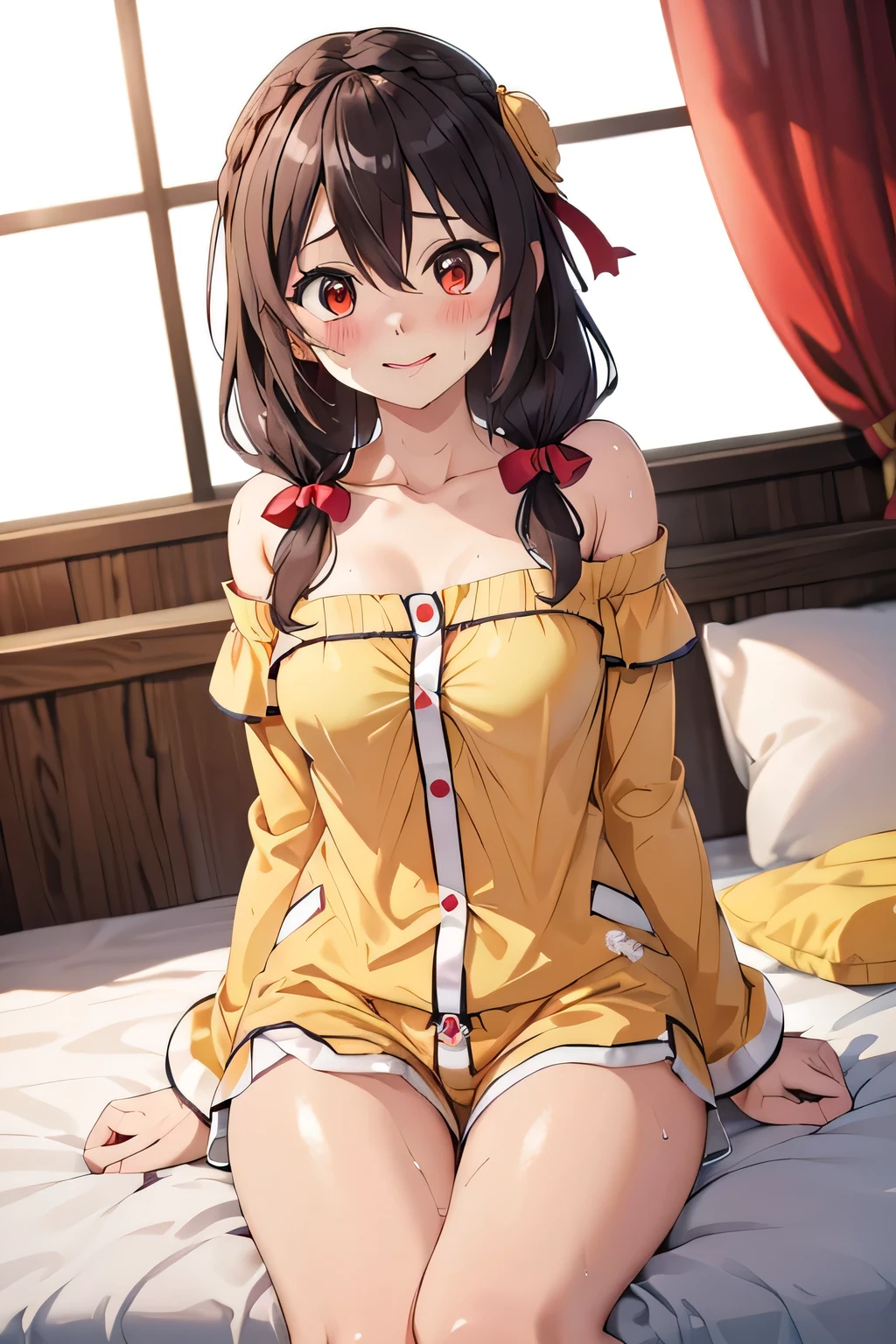 masterpiece,highest quality,High resolution,Very detailed,yes,Long Hair,Braiding,Twin tails,Hair between the eyes,Hair Ribbon,hair ornaments,Big Breasts:1.5,(Yellow off-the-shoulder pajamas with white sleeves:1.2),bed,The best smile,No pants,Sweat,Wet,Red Eyes、The face blushes、Beautiful eyes、Pants are pink、lie(Lie