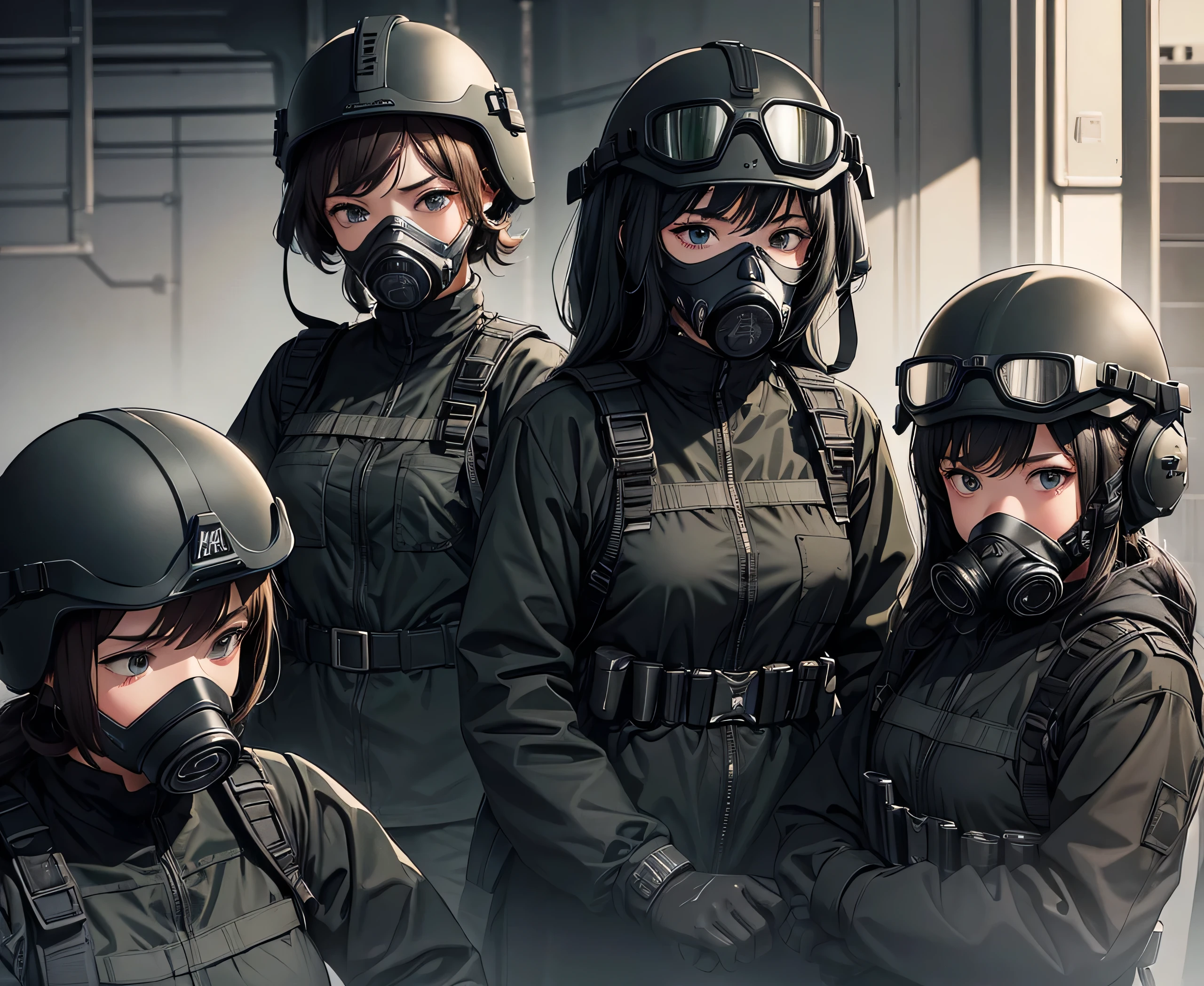 Four female soldiers wearing black helmets stand guard、Same pose、Wearing a gas mask、Wear goggles、Wearing black M-51 military uniform、Write details、masterpiece、best quality、Highly detailed CG、8K picture quality