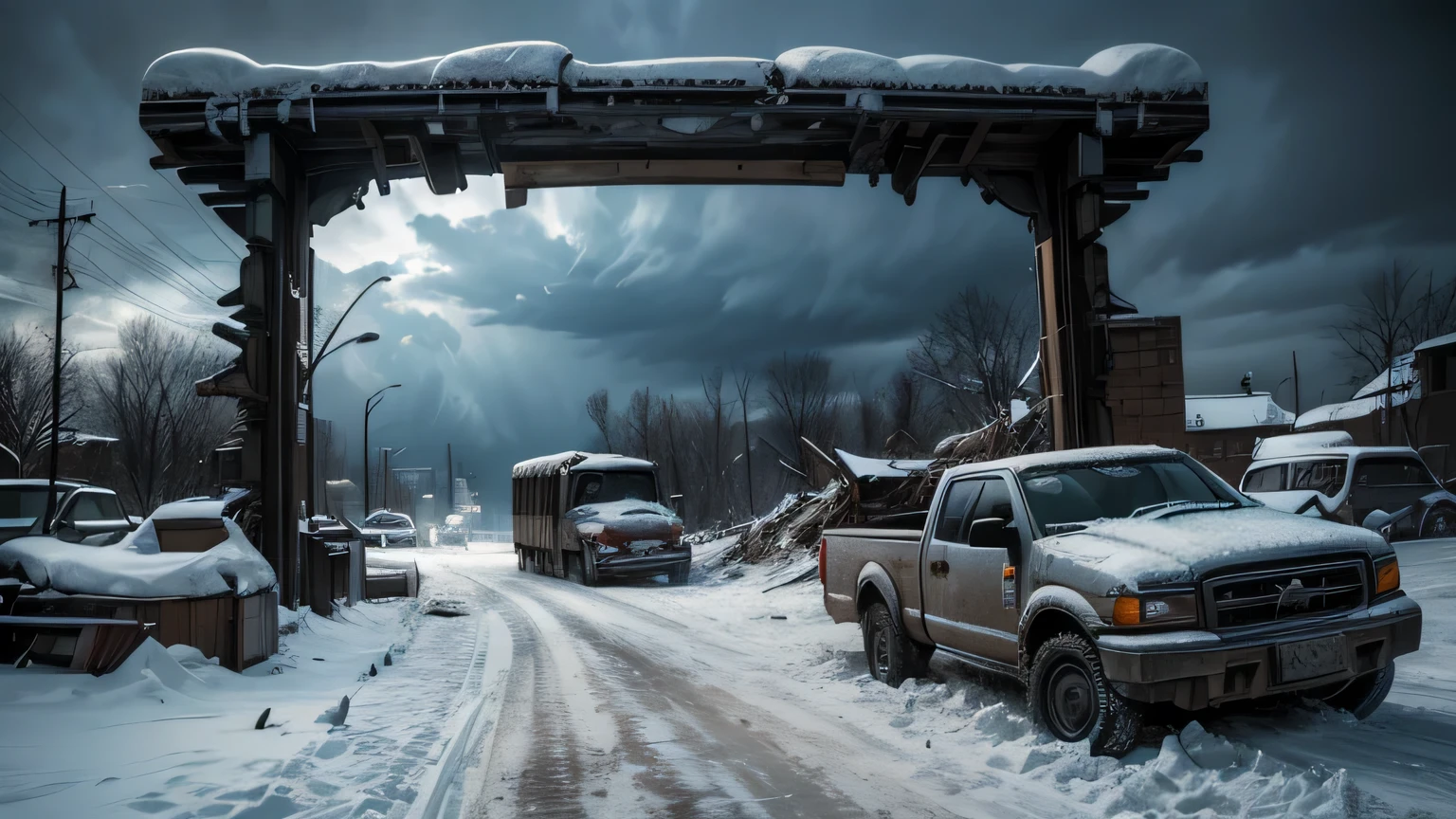 Dramatic lighting, chiaroscuro, post-apocalyptic, viewed from ground level, border crossing with armoured gate, Ukraine, no signs of life, deep snow, abandoned truck, broken vehicles, mangled wreckage, rubble, snow, frozen water, stormy sky