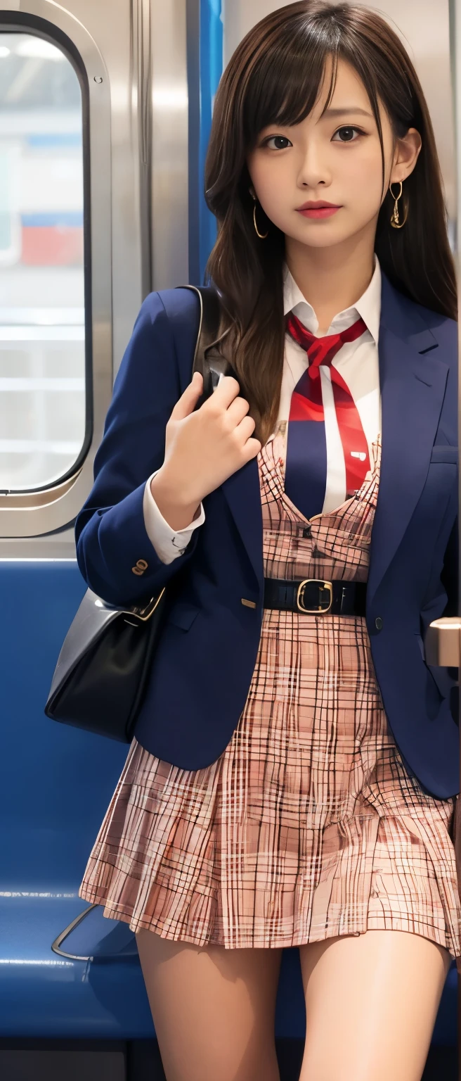 Pure idol girl、whole body、Good style、、、、、、、、、、Tanned thick legs、Inside the train at night、Red and blue checkered mini dress、、Cross Belt、、Fancy jacket