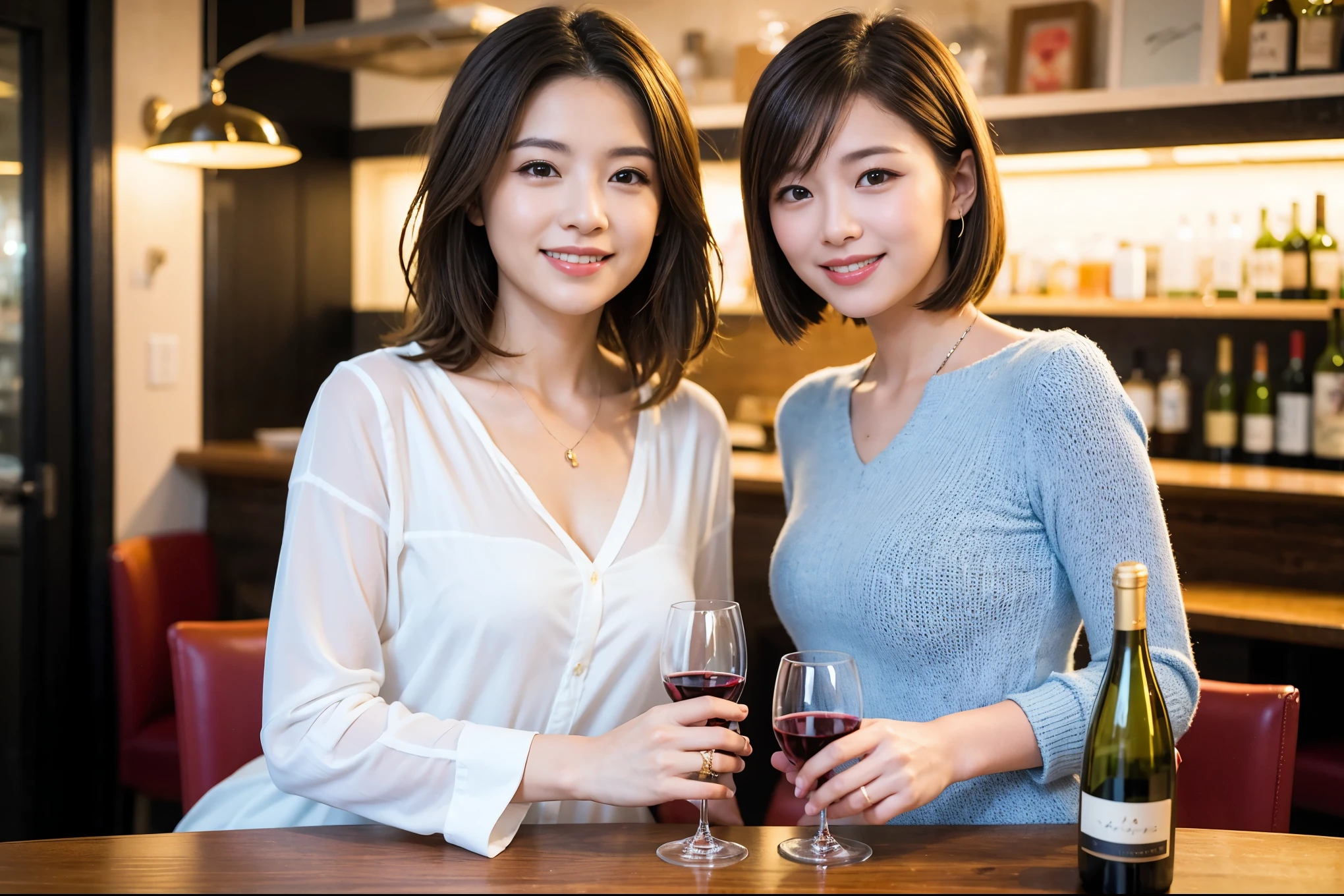 ((highest quality、8k、masterpiece:1.3))、1 male 1 female、石原さとみ似美女Couple、Lovers、Couple、The body is slim、full-course dinner、テーブルの上のwine glass、Shine light on your face、 Amazing view of the sunset sky and clouds、A bright smile、The wonderfulness of smile、Bright image、 short hair,Bright Face、 (Age 37), "41 years old, red wine 、Appetizers、Italian food、Wine bottle、Champagne、sparkling wine、Two beauties、Brown Hair、Shortcuts、Long sleeve shirt、dress、Pretty Woman 1, (slimな顔), (The body is slim), (Brown Hair), (Shortcuts), cheeks turn a little red,Attractive beauty、restaurant, In a prominent place (From the waist up) Nova Frog Style, actress, model, Upper Body, White wine, slim, wine glass, 中央に置かれたwine glass, smile, (smile: 1.15), Beautiful fine grain, Depth f/2,saturation, High Contrast, Strong light and shadow,Moist Body:1.5、3D texture、Delicate eyes、Brown Hair、The hair is very shiny、
