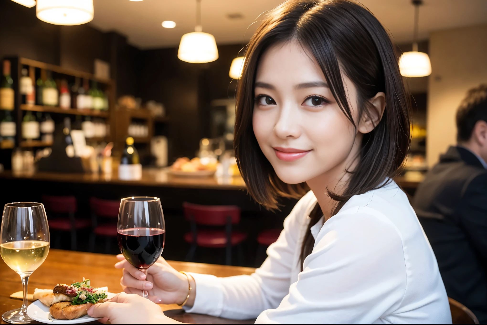 ((highest quality、8k、masterpiece:1.3))、1 male 1 female、石原さとみ似美女Couple、Lovers、Couple、The body is slim、full-course dinner、テーブルの上のwine glass、Shine light on your face、 Amazing view of the sunset sky and clouds、A bright smile、The wonderfulness of smile、Bright image、 short hair,Bright Face、 (Age 37), "41 years old, red wine 、Appetizers、Italian food、Wine bottle、Champagne、sparkling wine、Two beauties、Brown Hair、Shortcuts、Long sleeve shirt、dress、Pretty Woman 1, (slimな顔), (The body is slim), (Brown Hair), (Shortcuts), cheeks turn a little red,Attractive beauty、restaurant, In a prominent place (From the waist up) Nova Frog Style, actress, model, Upper Body, White wine, slim, wine glass, 中央に置かれたwine glass, smile, (smile: 1.15), Beautiful fine grain, Depth f/2,saturation, High Contrast, Strong light and shadow,Moist Body:1.5、3D texture、Delicate eyes、Brown Hair、The hair is very shiny、