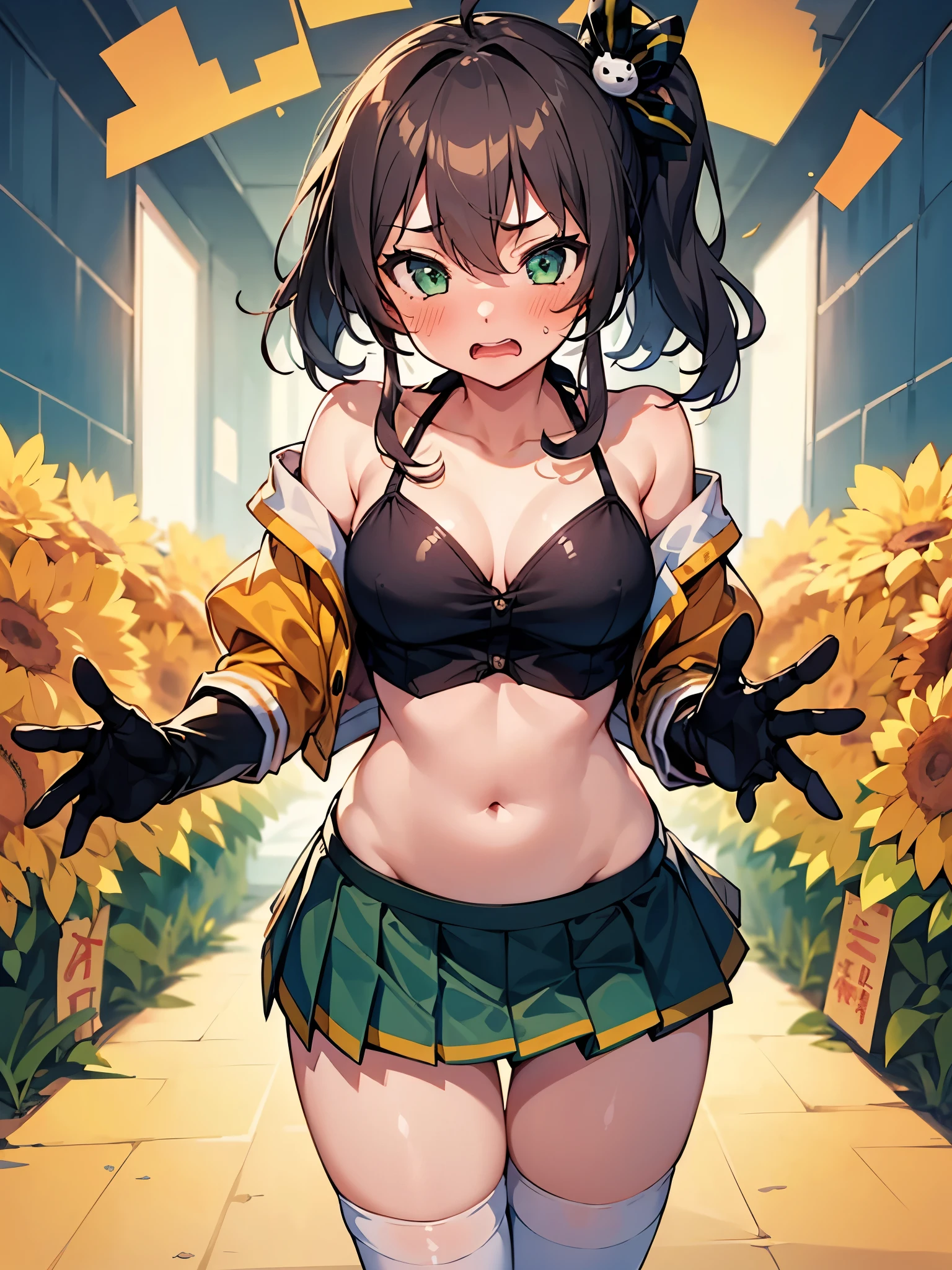 NSFW,(One girl:1.5),natsuiro matsuri,hair ornaments、hair band、Bleaching、Haori、belly button、Black gloves、Pleated skirt、Green skirt、White knee socks、Cleavage,(Perfect hands),(Perfect Anatomy),(masterpiece),(highest quality),Frustrated face,blush