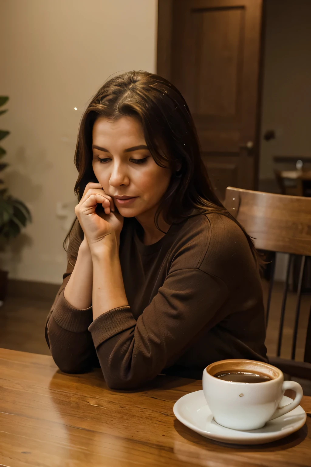 50 year old woman sitting at table, head in hands, coffee cup on table