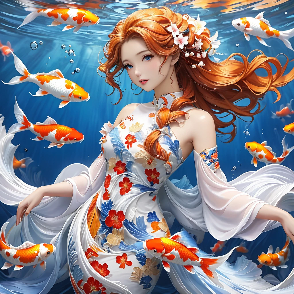 Fishtail Mermaid，Big koi，Lots of koi，Koi fish of different colors and styles、Four white koi，Polka dot five color koi、Orange Gold Koi、Red and white koi、Minghai light yellow koi，Peach Blossom