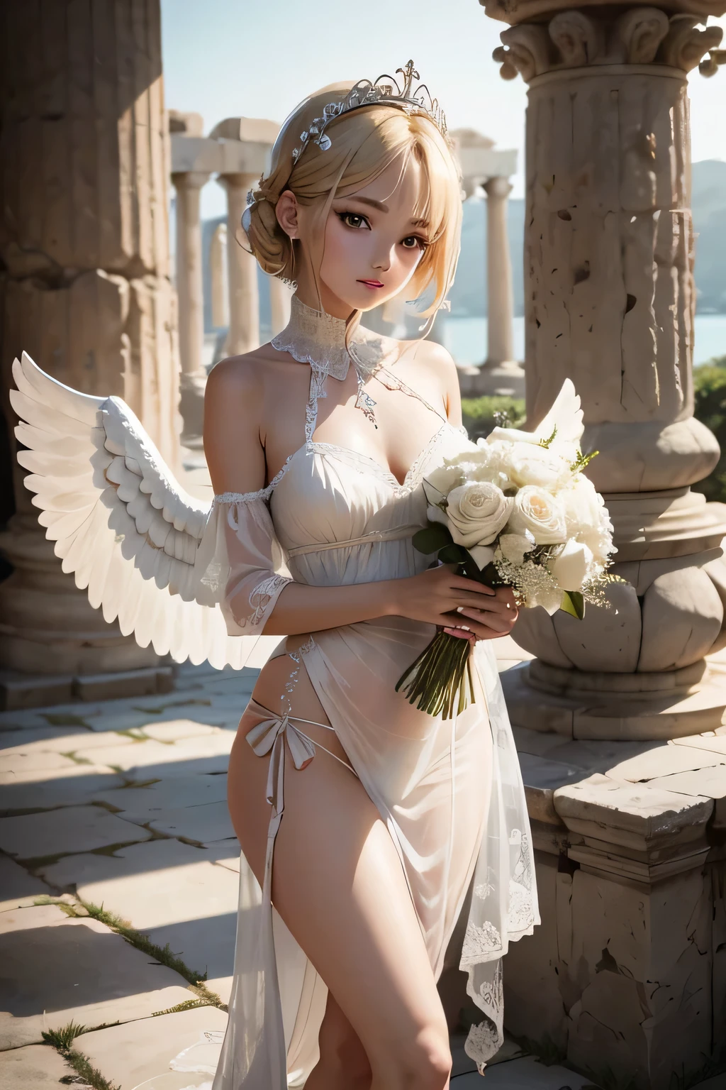 Ancient Greek ruins where only columns remain、Walk in front of the fountain、8K、Real Photo、Ultra-high resolution, Master Part, Best Quality, Ticker , Cinematic images,Nice girl、Ann、18-year-old、ann gross saxon、double eyelid、Droopy eyes、Very big eyes、Eyeshadow、 Very detailed , Blonde、Straight short hair、Smile、 Sweet expression 、A little embarrassing、Thin lips ,High nose with beautiful lines、Small nose tip、Very beautiful woman、Long legs、barefoot、 Very clear shadows , jewelry ,   Glossy Skin , perfect brilliant ann, Perfect Lighting, Dramatic Shadows ,White tiara on head、Greek see-through white dress、Large white angel wings from the back of the neck、White bouquet in hands
