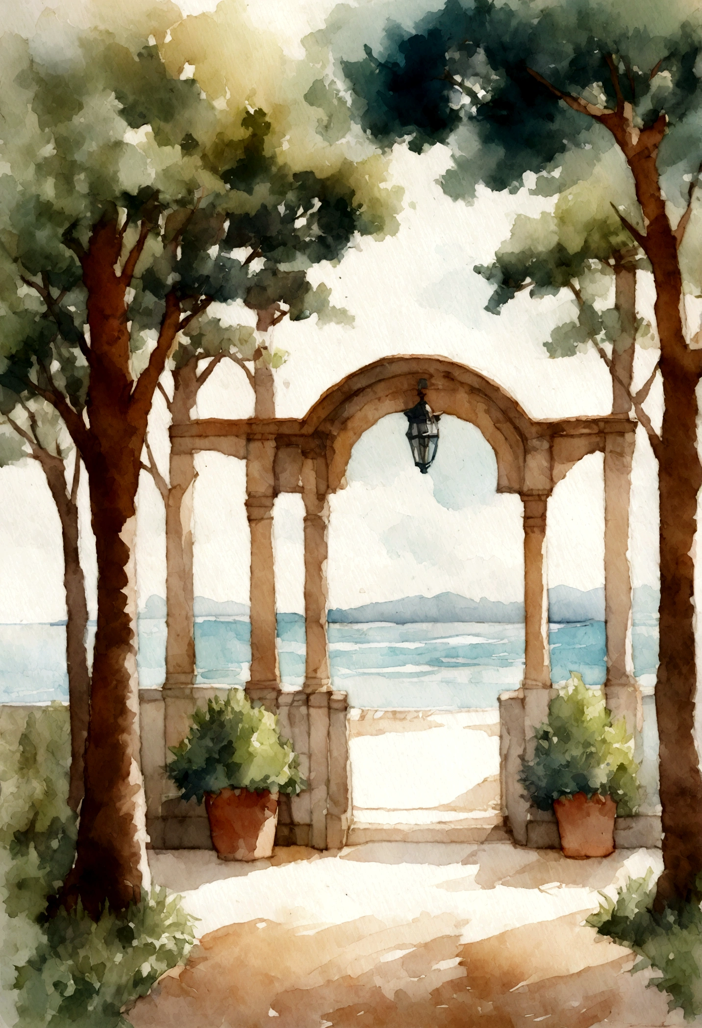 porchway, cypress trees, sea, Watercolor