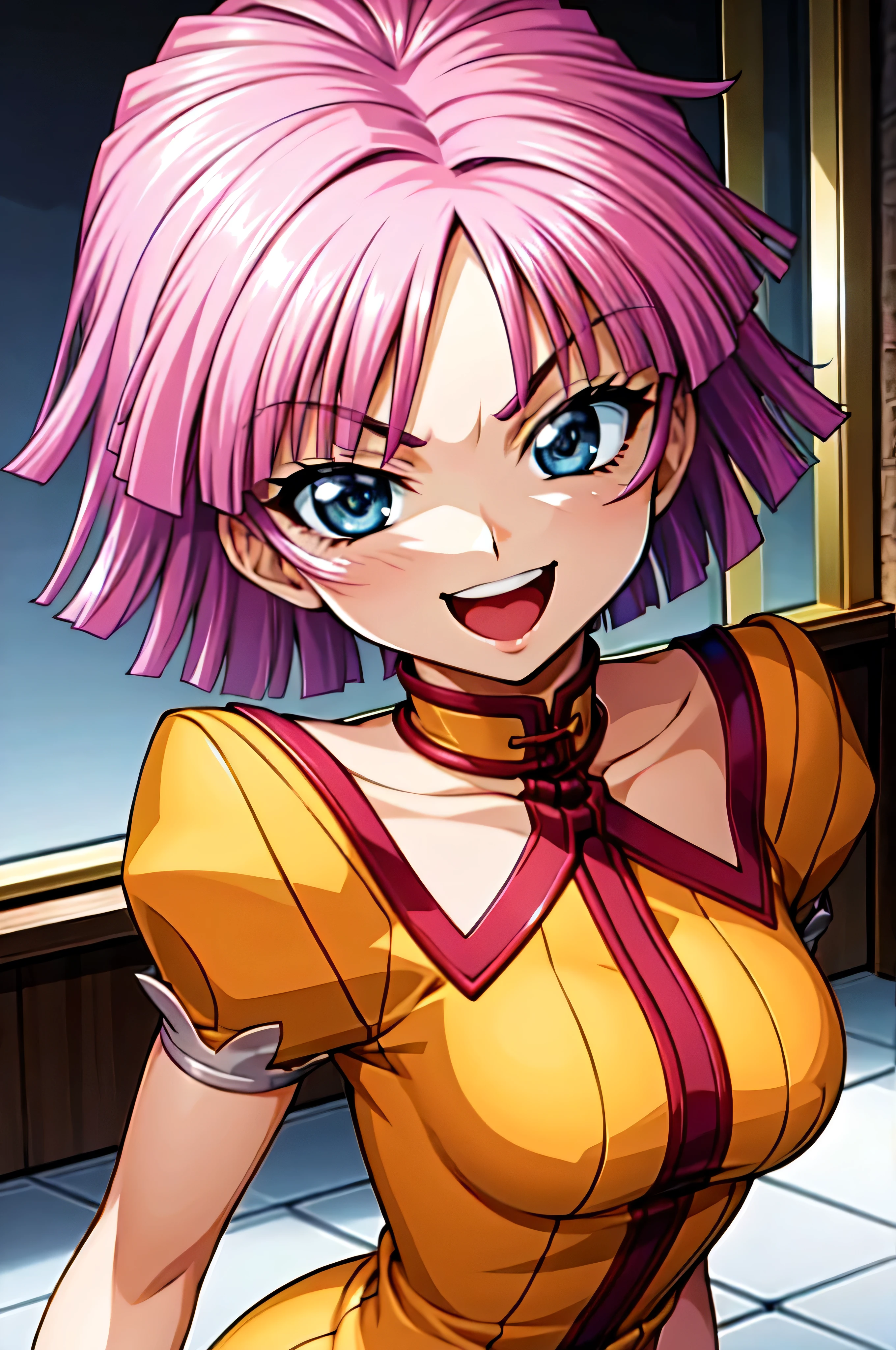 (best_quality 4K, 8K, High resolution, Masterpiece: 1.2), ultra detailed),from_below,(anime_screencap),(1girl,solo),dynamic_angle,very evil_smile worst,worst evil laugh at,tis,shadeded_face,worst sadistic,smile worst,,bob short  hair,,upper body,looking at viewer,two hands,